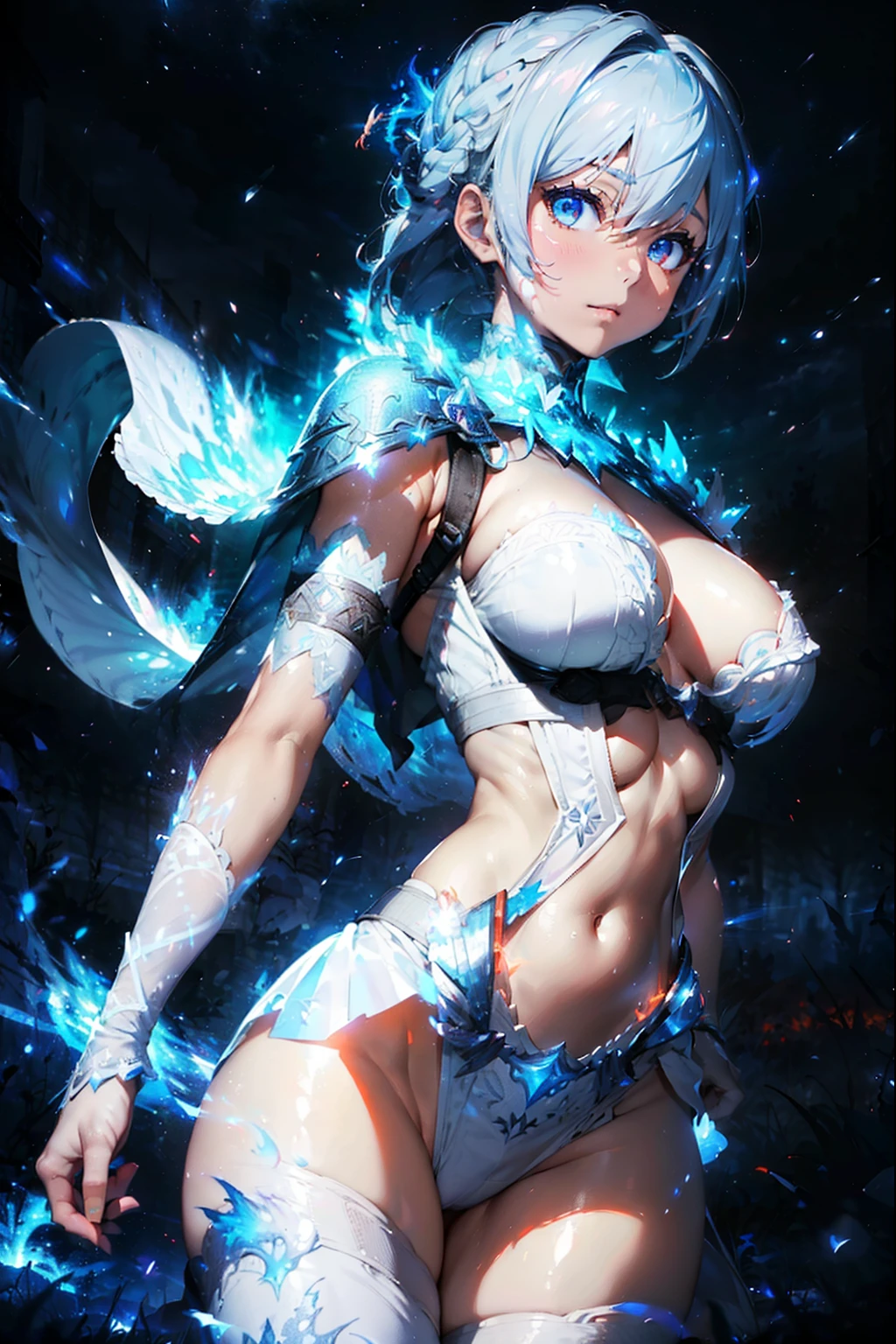(((From face to the waist view::1. 4))), realistic skin texture, front view::1.0, (((Final Fantasy aesthetic style))) in complex & hyper detailed white fantasy armor (((flame/blaze glow effect))), panning photography::1, midnight hour illumination, short white hair & long braid, (masterpiece), best quality, perfect face, 8k