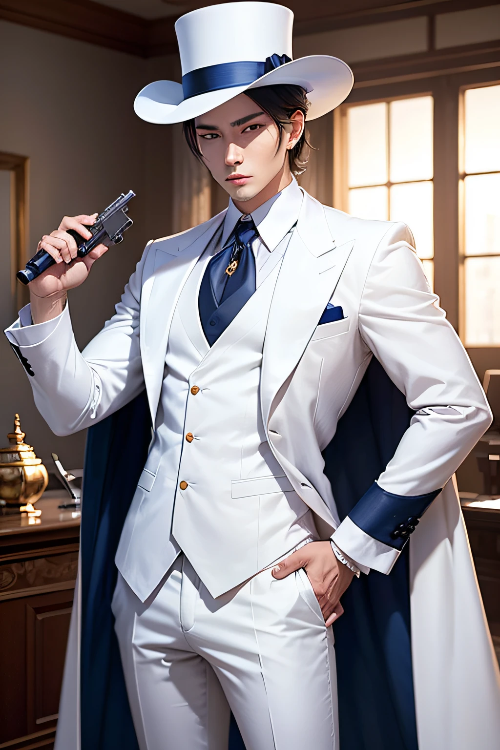 tmasterpiece， Best quality at best， 1boy， 独奏， white business suit， White cloak， Top hat， monocle， Red Tie， blue-shirt， whitegloves， guns， take gun， aiming at viewer， hand on pockets， inside in room