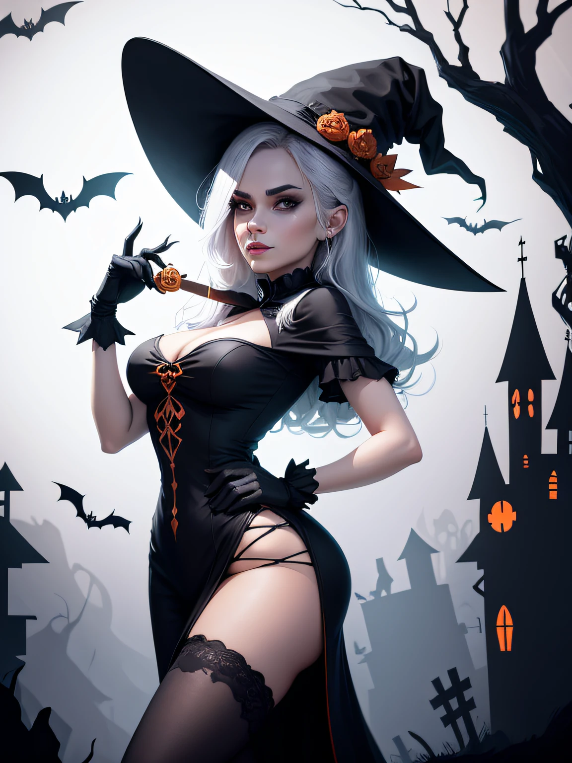 High quality design vector style image, t-shirt print style, graphic art white background of a Halloween style witch, bright and realistic colors, old style witch with a pointy hat, nose with a wart and a black cat at her side, fantasy style scenery halloween