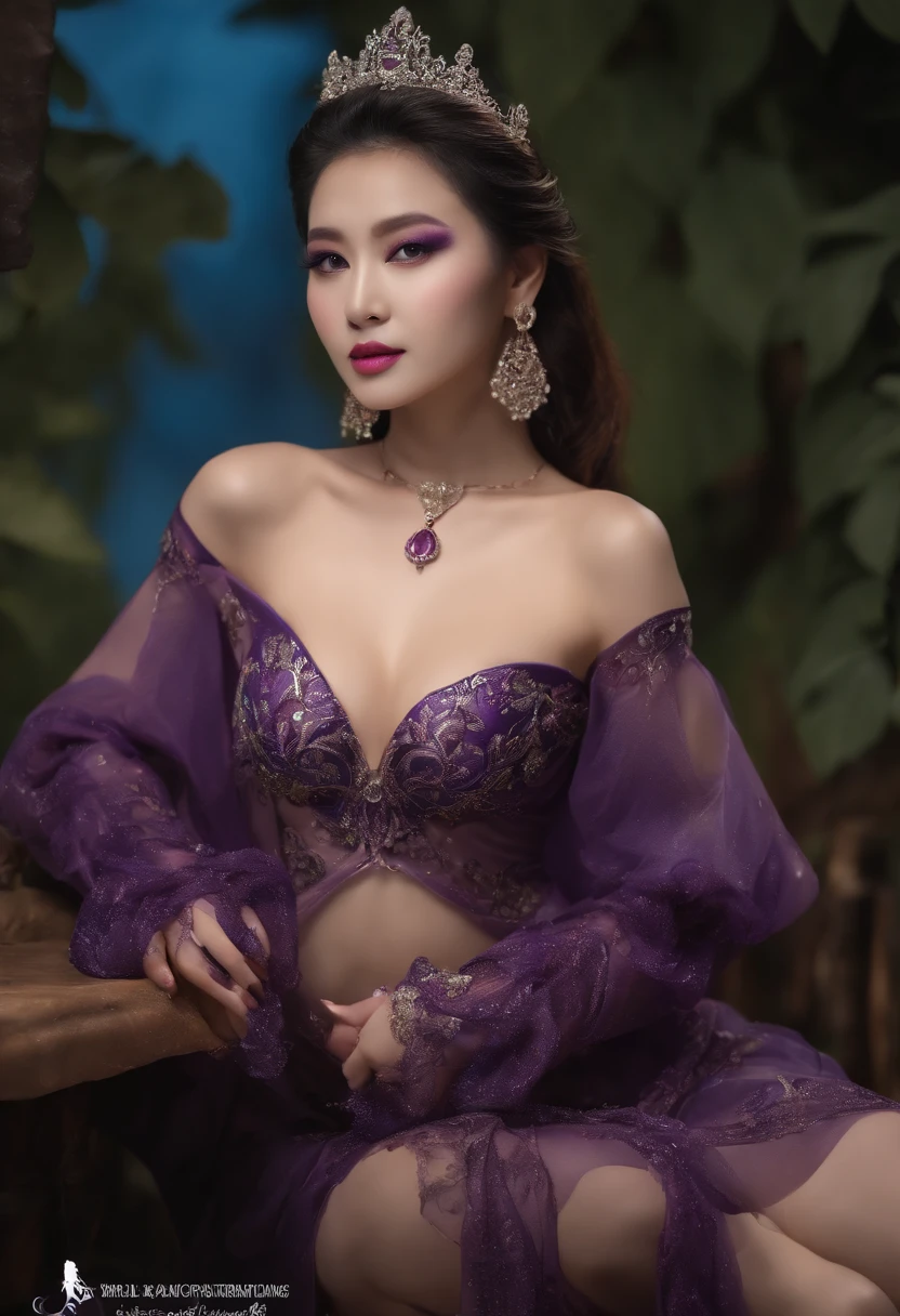 ultra - detailed, A high resolution, Beutiful women,Asia squats on the theatrical stage，Ultra-detailed face, Detailed eyes,Snow-whiteskin，Perfect body，nakeness ，high-heels， Open your legs，legs in M shape,(((huge boob)))，(((gigantic hip)))，(((Large chest and thin waist)))，，(((Purple body painting replaces full-body clothing)))