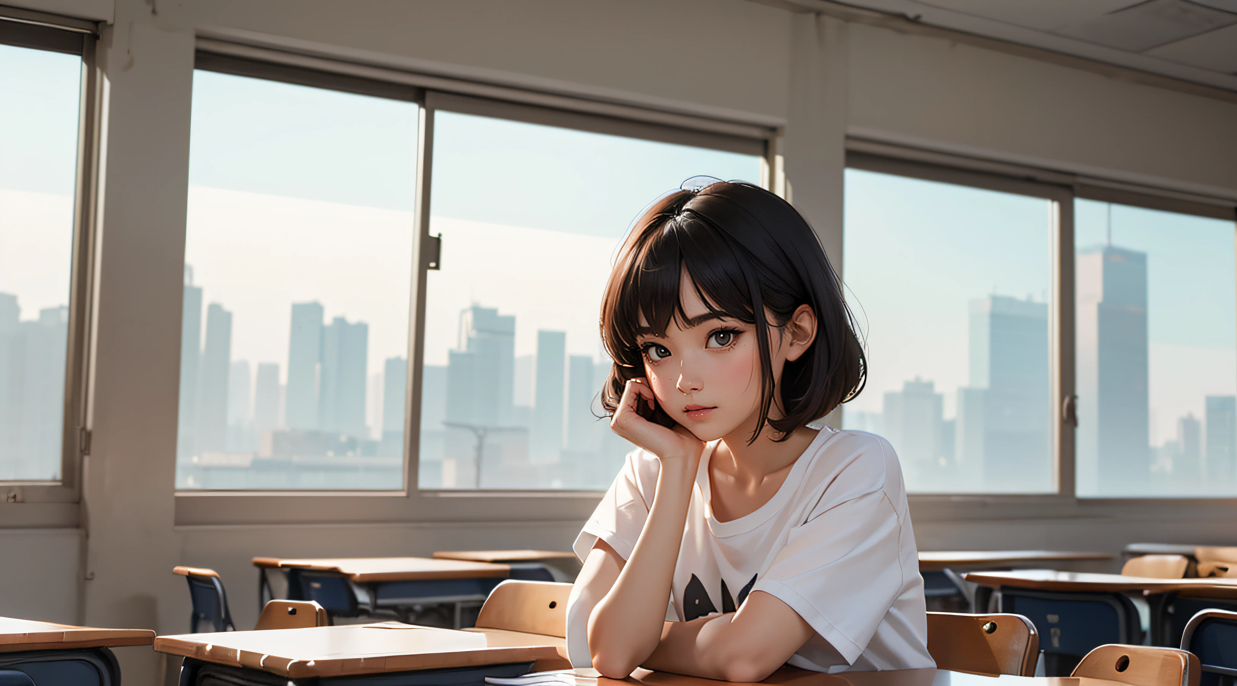 At noon, in the classroom, one female proctors walked into the classroom, holding top secret file bags, one female proctors wearing white T-shirts and short black hair, this female proctor looked at the camera, the lens mainly featured the upper body, in the Lofe art style ((Xinhai City), popular in CGStation, Xinhaicheng H 2160, inspired by Bian Shoumin, Xinhaicheng, Kavasi, Guwitz's style, high-quality pictures, 4K, 8K, resolution,