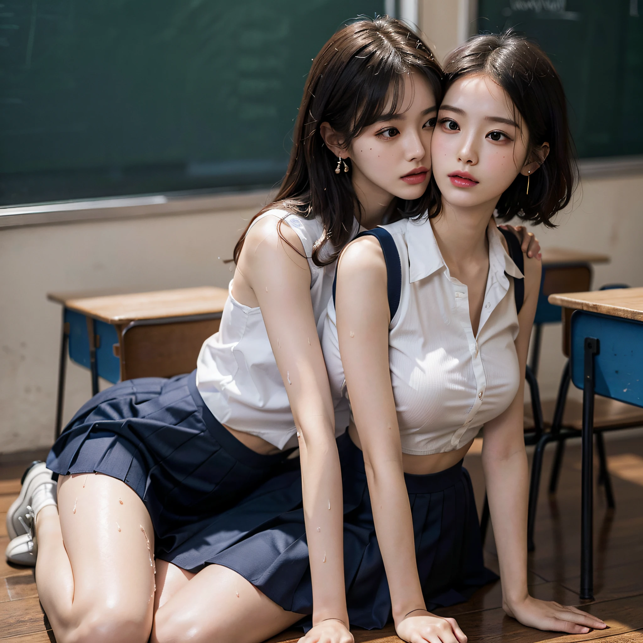 top-quality、masterpiece、ighly detailed、Two High School Girls、(Kissing)、(Pubic hair is visible)、Smaller chest、17 age、sexy pose、Perfect and seductive body、lesbian、Eyes closed、(Hugging from behind)、((perspiring:1.5))、No bra、No panties、((school summer uniform))、Legs spread wide、Rubbing the other person's chest、slim figure、Classroom
