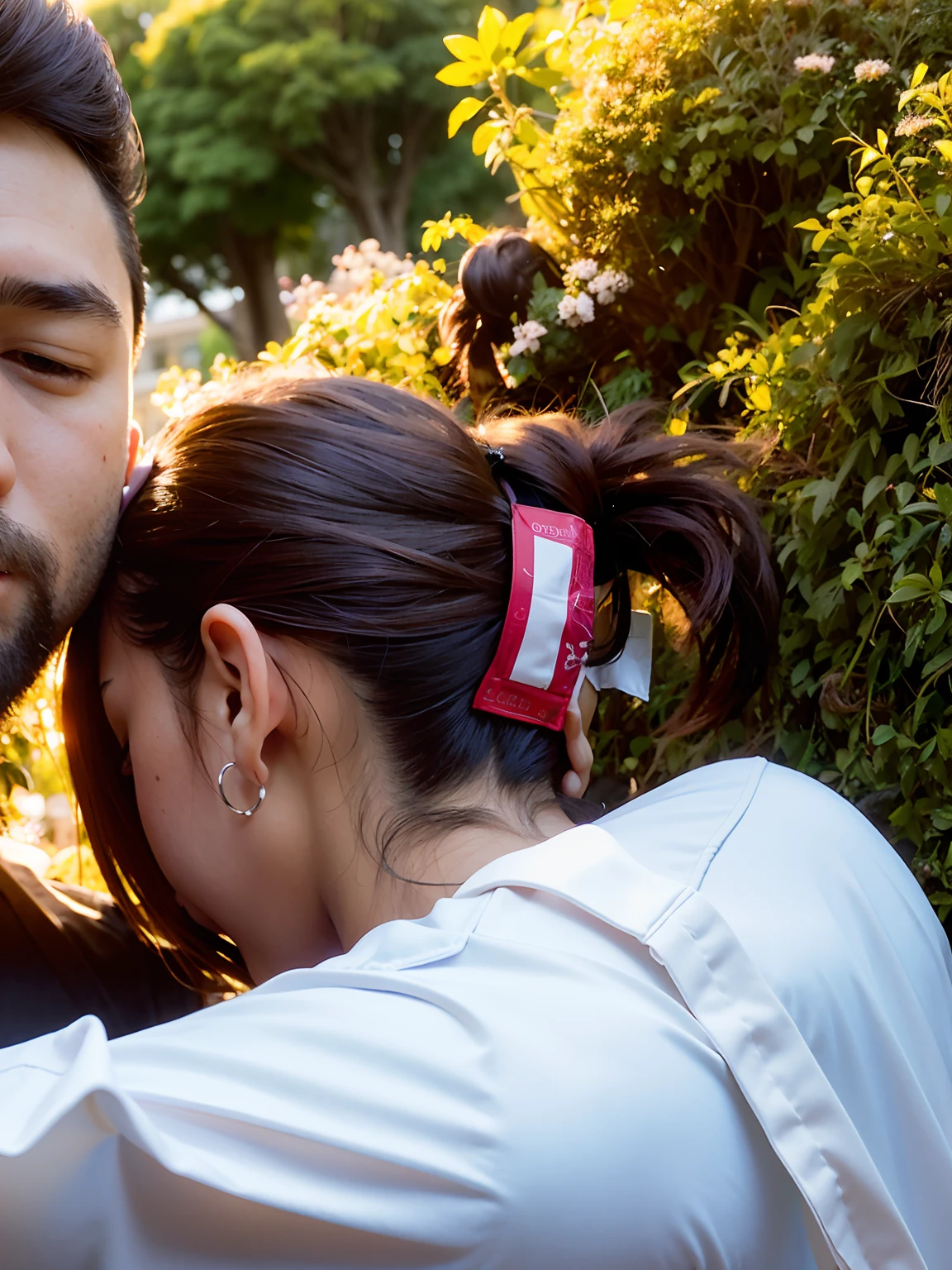 there is a man and woman hugging each other in the park, close-up shot from behind, close-up shot taken from behind, side of head, hairband, sideview, side view, looking sideway, her hair pinned up, view from back, view from the back, haze over the shoulder shot, side - view, side-view