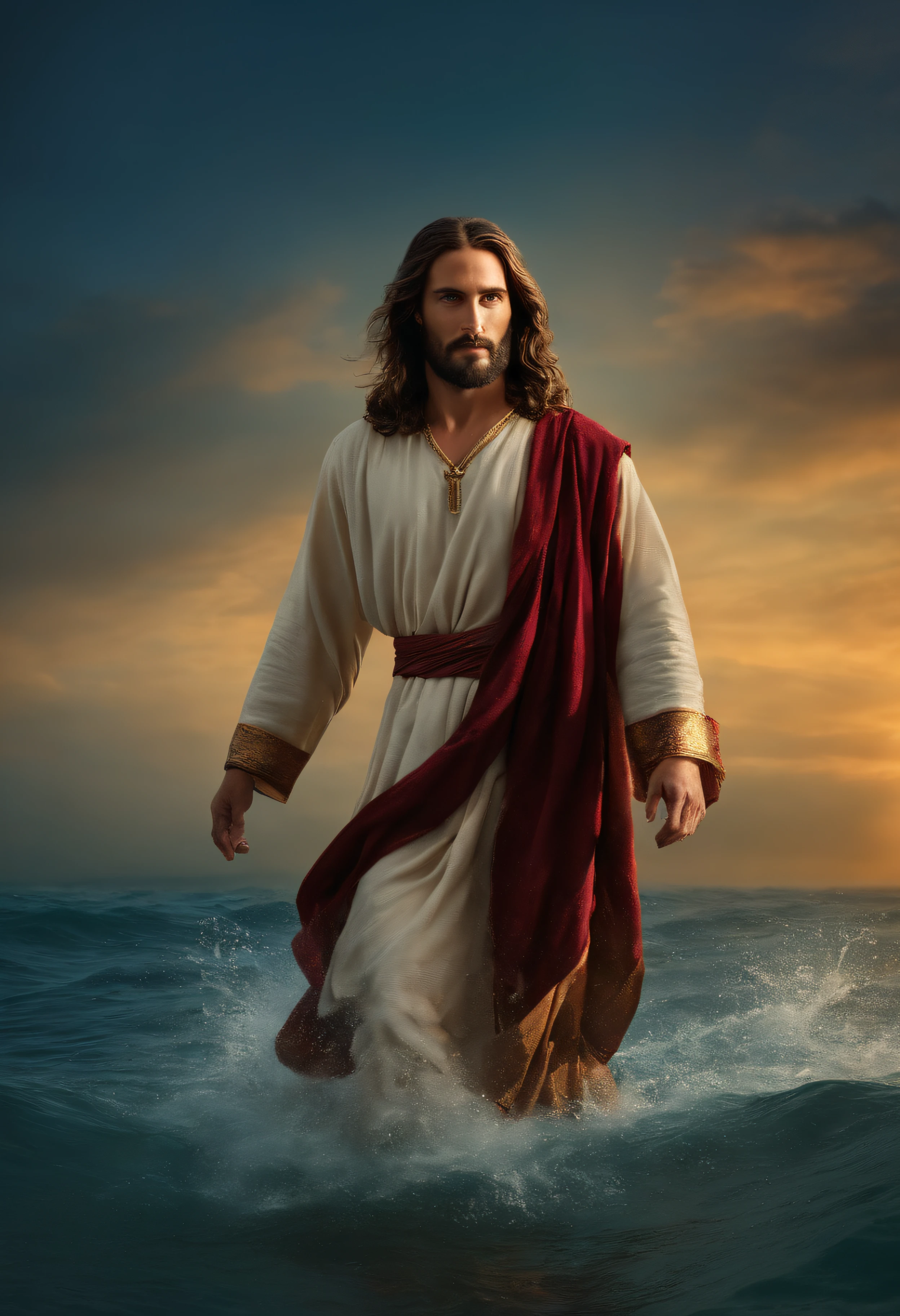 Jesus Christ aged 33, wearing a thorn around his forehead, looking at the camera, walking over water