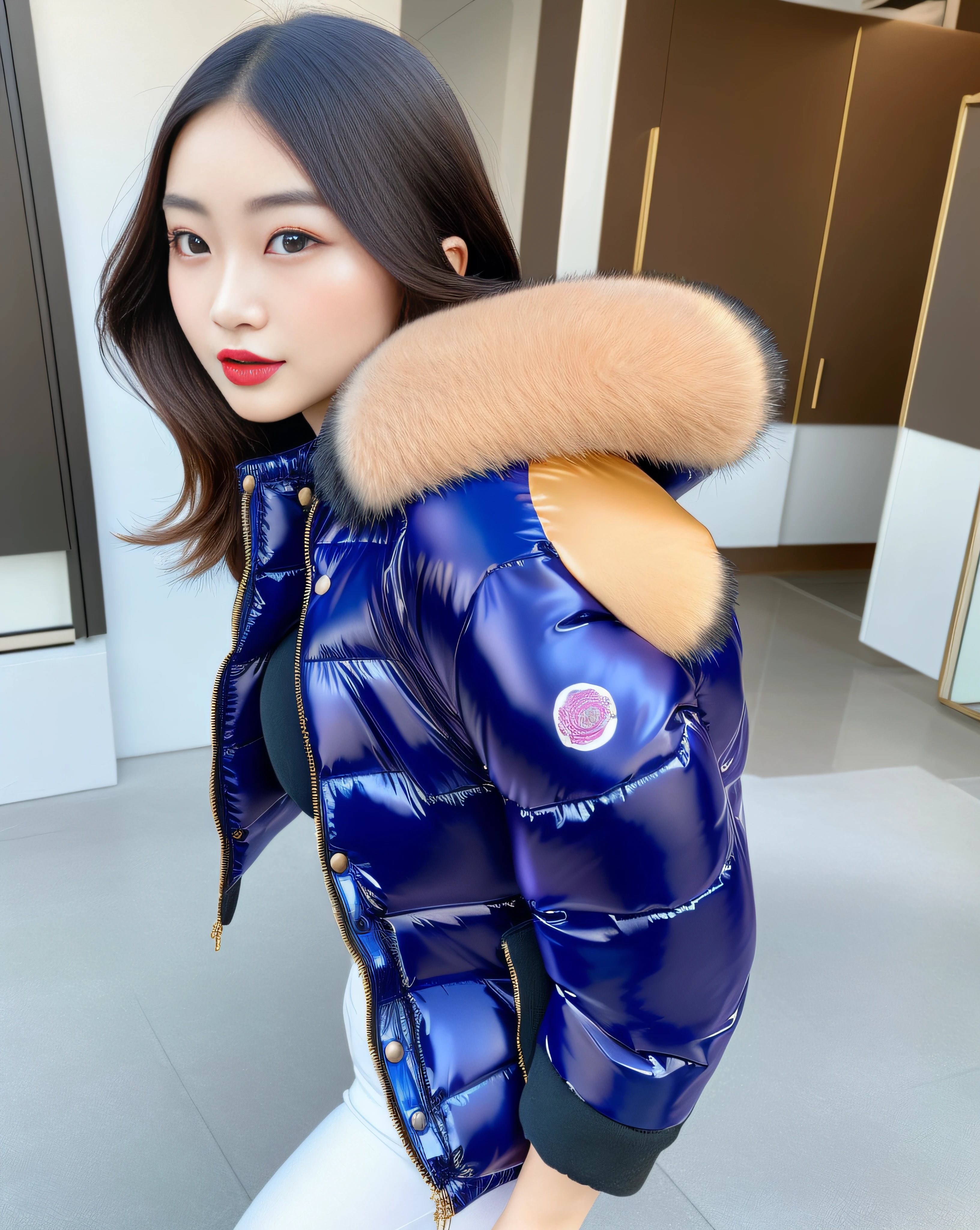 Beautiful Japanese 18 year old woman, photorealistic, masterpiece, highest quality, wearing a (silk  down jacket puffer coat), large breasts,  lipstick, extremely detailed face, extremely detailed skin, professional photography, modelling, solo, 1girl