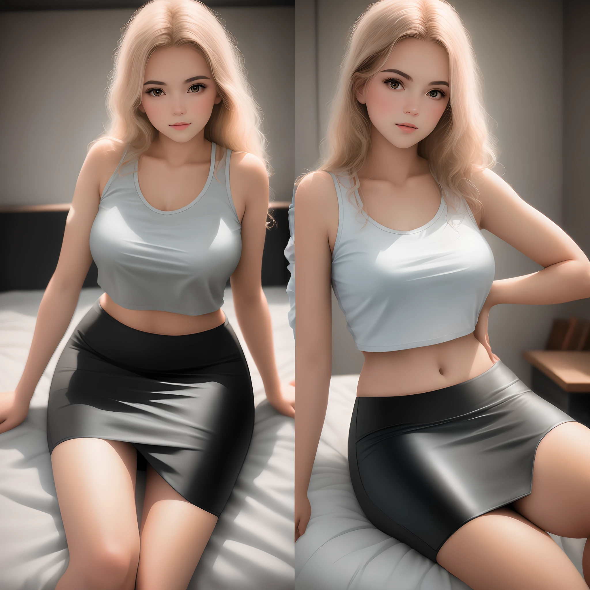 best qualtiy,RAW photos,(tmasterpiece:1.2),realisticlying,A high resolution,1girll,(cinmatic lighting:1.2),depth of fields,cropped shoulders,show legs,pencil skirts,on top of the bed