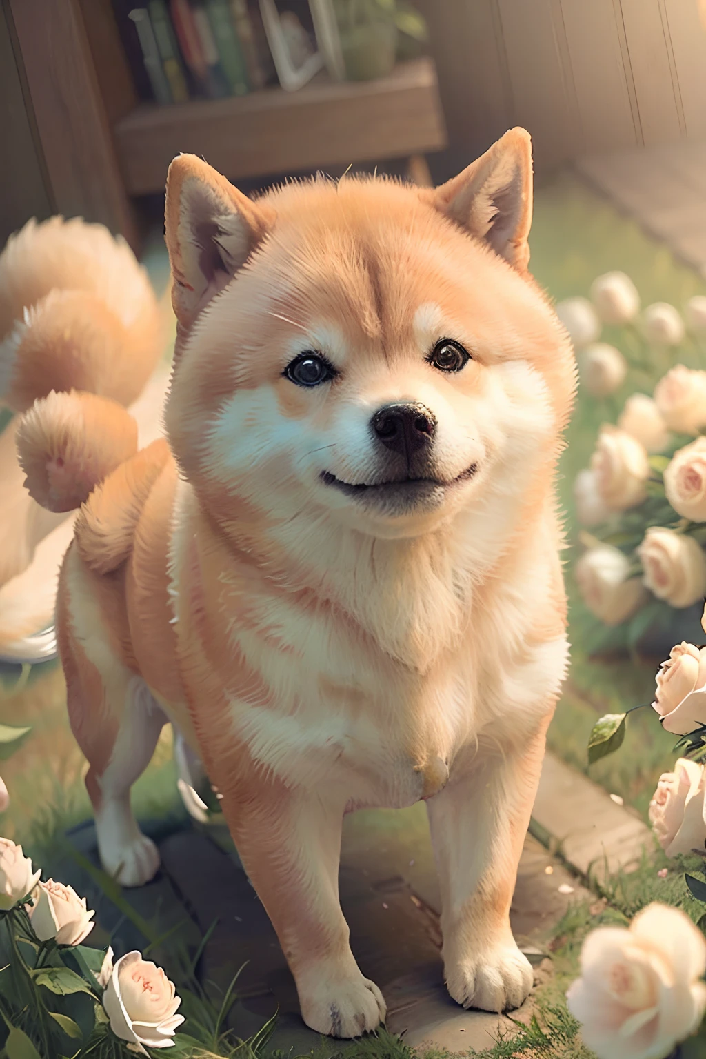 photo real, baby dog, Shiba Inu, fluffy, surrounded by ethereal roses, risos, melhor qualidade, alta resolução, detalhes intrincados, fantasia, animais bonitos, Esquerda, humorous.