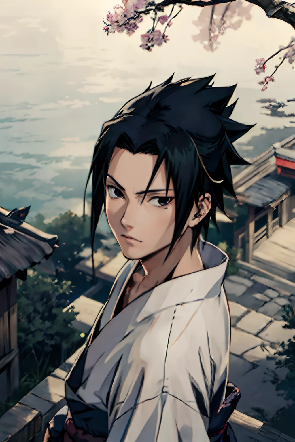 Sasuke uchiha, (Sasuke), beautiful face, masterpiece, best quality, (1 man), 25 years, mature, short hair, elegant nose, pale skin, broad shoulders, korean hair, black hair, korean face, (one of the eyes covered by bangs) black eyes, wearing kimono, ninja clothes, shinobi, feudal japan, from above, depth of field, feudal city, end of day, twilight, dusk, dark theme,  Masashi Kishimoto Traces