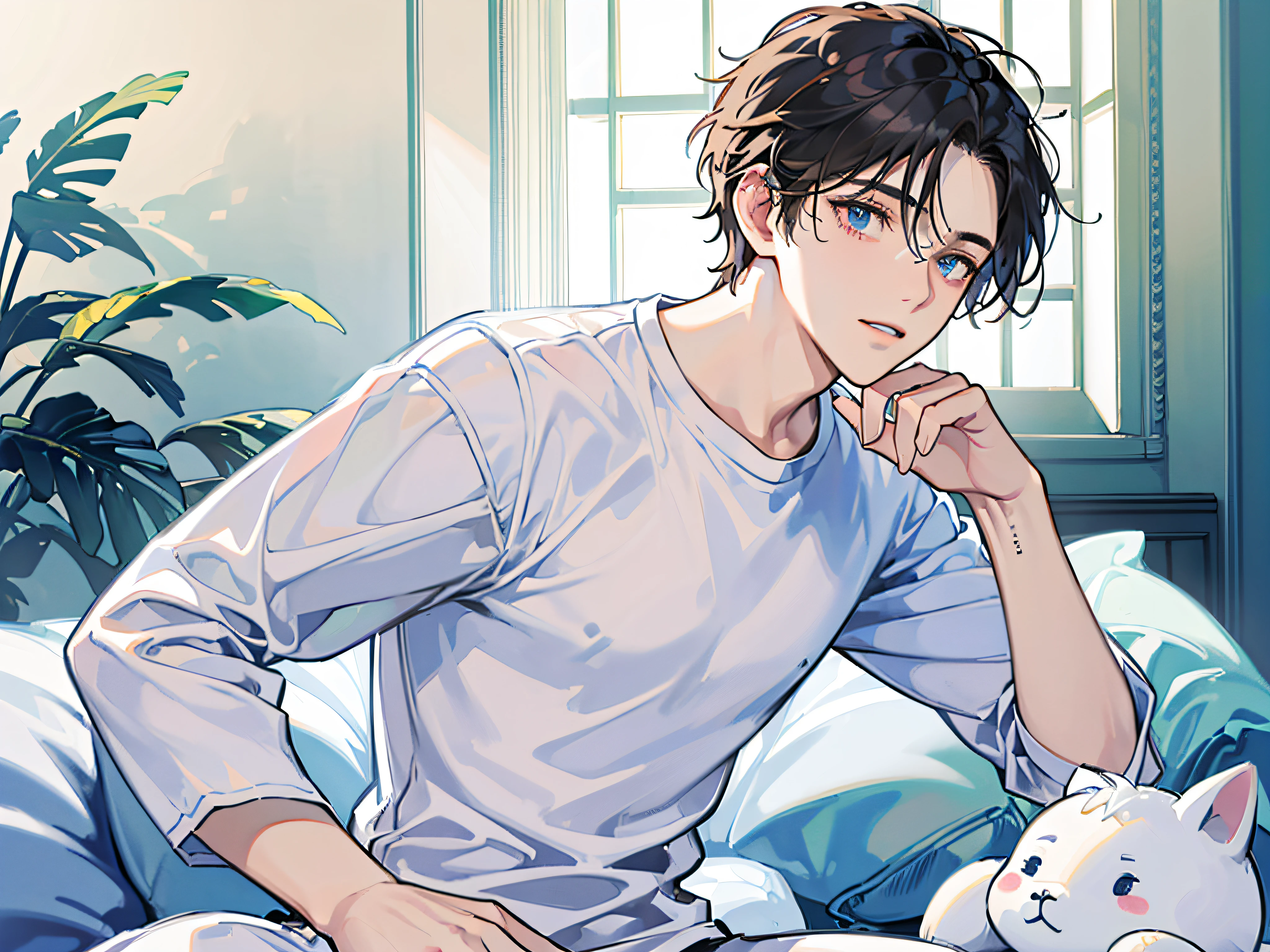 (Man in a white T-shirt 1.4) (Facial pain 1.5) (Sit in the corner of ward 1.4) (Open your eyes 1.3) (Show upper body 1.4),wearing pajamas