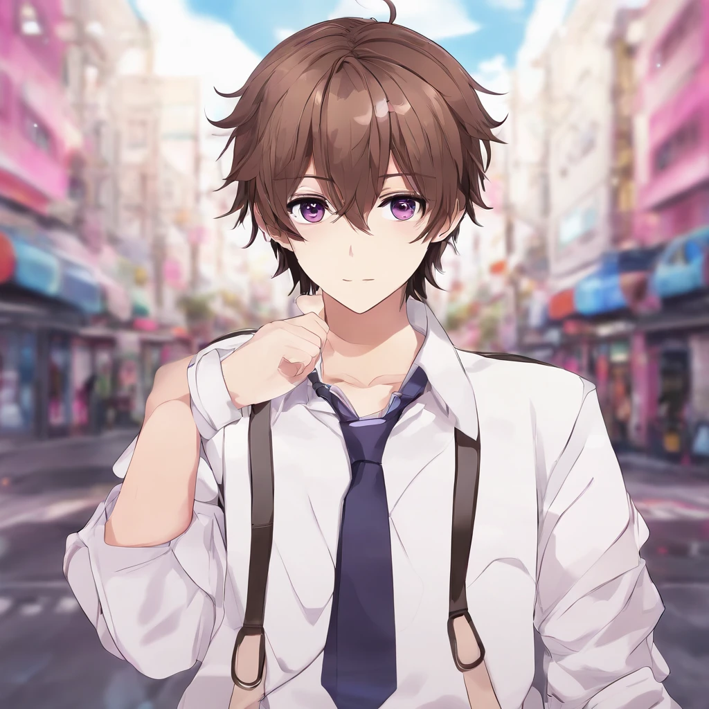virtual_youtuber, 1boy, male_focus, solo, brown_hair, purple_eyes, simple_background, brown_footwear, full_body, straight-on, looking_at_viewer, pants, white collared shirt, hair_between_eyes, (VERY DETAILED EYES:1.5)