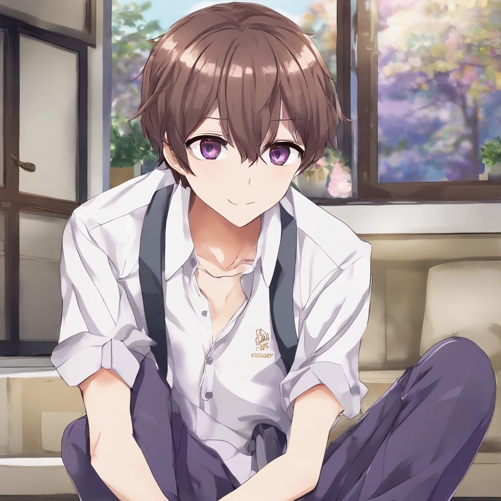 virtual_youtuber, 1boy, male_focus, solo, brown_hair, purple_eyes, simple_background, brown_footwear, full_body, straight-on, looking_at_viewer, pants, white collared shirt, hair_between_eyes, (VERY DETAILED EYES:1.5)