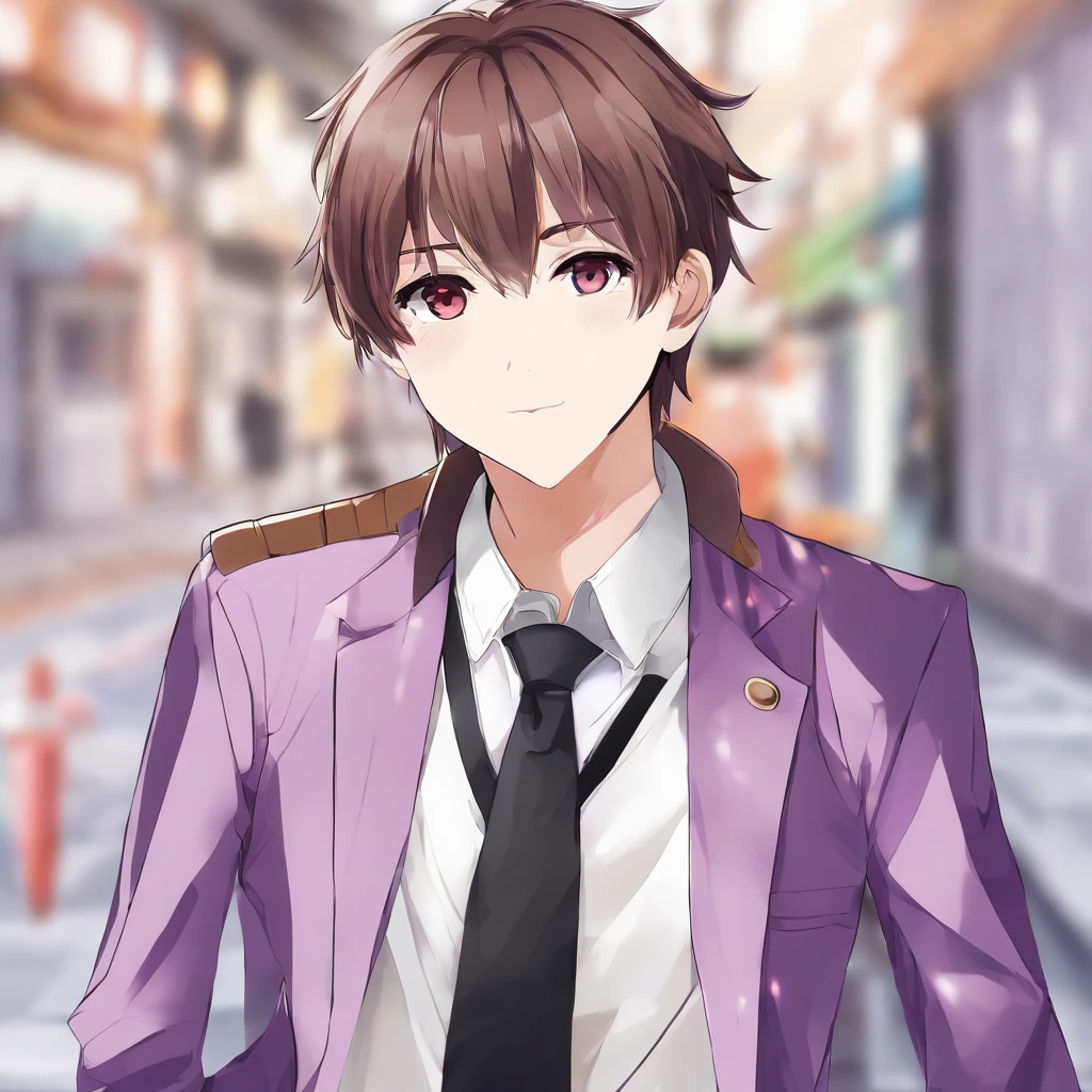 virtual_youtuber, 1boy, male_focus, solo, brown_hair, purple_eyes, simple_background, brown_footwear, full_body, straight-on, looking_at_viewer, pants, white collared shirt, hair_between_eyes, (VERY DETAILED EYES:1.5)