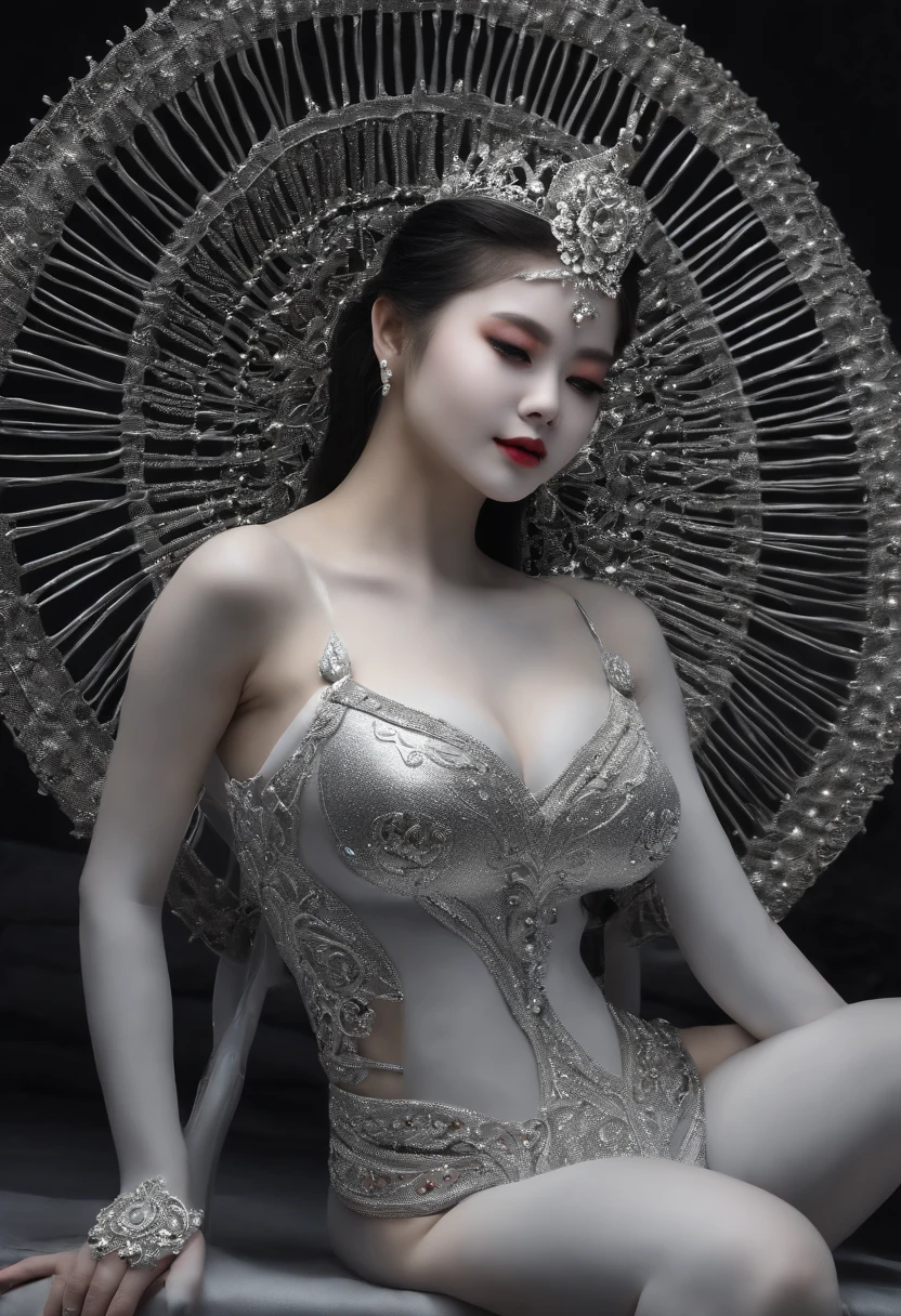 ultra - detailed, A high resolution, Beutiful women,Asia squats on the theatrical stage，Ultra-detailed face, Detailed eyes,Snow-whiteskin，Perfect body，Clothed only in bikini ，Chain heel， Open your legs，legs in M shape,(((huge boob)))，(((gigantic hip)))，(((Large chest and thin waist)))，，(((Silver body painting replaces full-body clothing)))