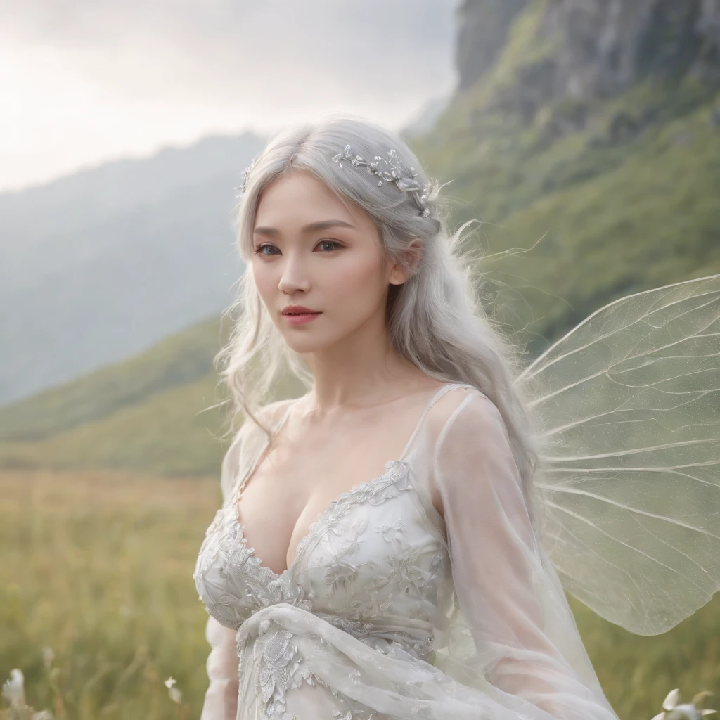 (((Best Quality))), ((Ultra-detailed)),(high detail photo), ((extremely delicate and beautiful)),Cinematic lighting, Fantasy Artwork, A Japanese Lady, ((Pure white skin)), Metallic hair with silver hair, (See-through silk dress、No Underwear:1.25、Breast visibility:1.9, NSFW), In the meadow of fresh snow:1.5, Steppe Fairy, Gentle face