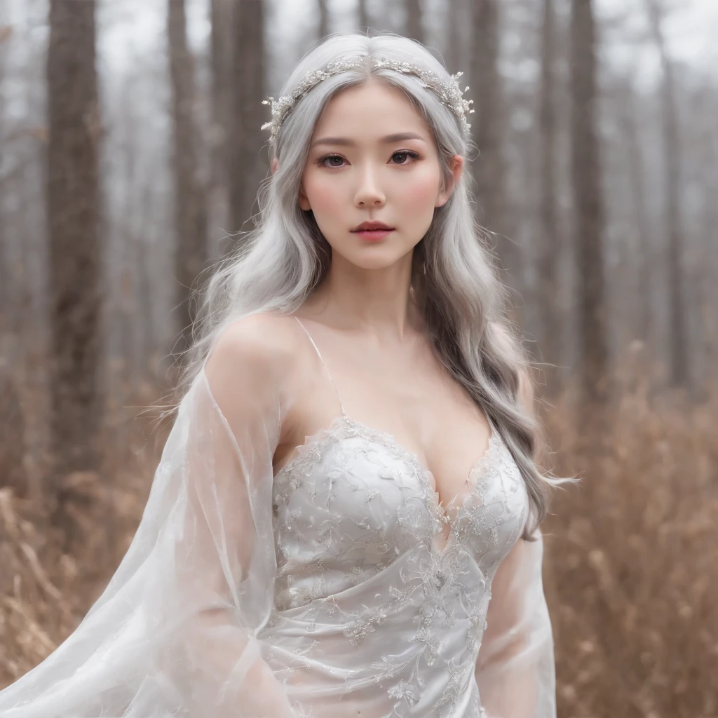 (((Best Quality))), ((Ultra-detailed)),(high detail photo), ((extremely delicate and beautiful)),Cinematic lighting, Fantasy Artwork, A Japanese Lady, ((Pure white skin)), Metallic hair with silver hair, (See-through silk dress、No Underwear:1.25、Breast visibility:1.9, NSFW), In the meadow of fresh snow:1.5, Steppe Fairy, Gentle face