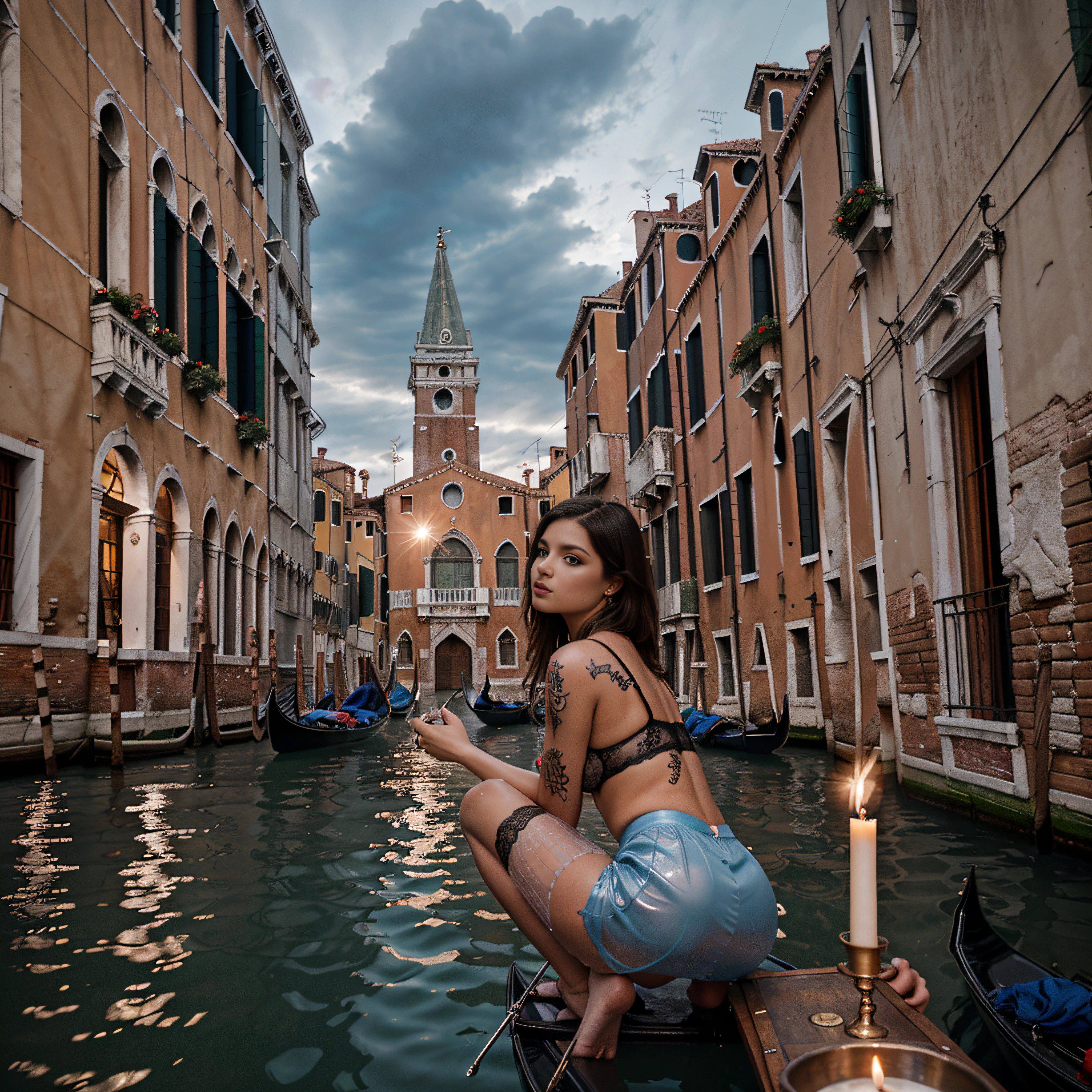 (YES NSFW), (pinhole photography) of a Girl at night. ((full body selfie, happy)), biting finger, detailed face, detailed backgrounds little blurred. she wears very long transparent metal blue skirt, windyupskirt, wind moves skirt showing her perfect body. Visible breasts, (tattoos on arms and legs), stretch marks on legs, stretch marks on body, ((real pores:1.5), metal blue lingerie, Photo of a girl. the girl is sitting on a brick wall down the streets of Venice. Outdoor in Venice. Saint Marco's Church in background. Gondolas, water, rain, heavy clouds, dark ambiance. Beautiful perfect face. smooth skin, real pores, SHOOT from behind, looking at the viewer, film grain, depth of field, soft lights, realistic, blurry image, high details, blur background, majestic photograph, professional photo, candlelight, silhouette lighting, shooting from below, camera positioned on the ground. Eye angle shooting, dutch angle viewpoint, dutch angle view, (shooting from below). in (Venice)