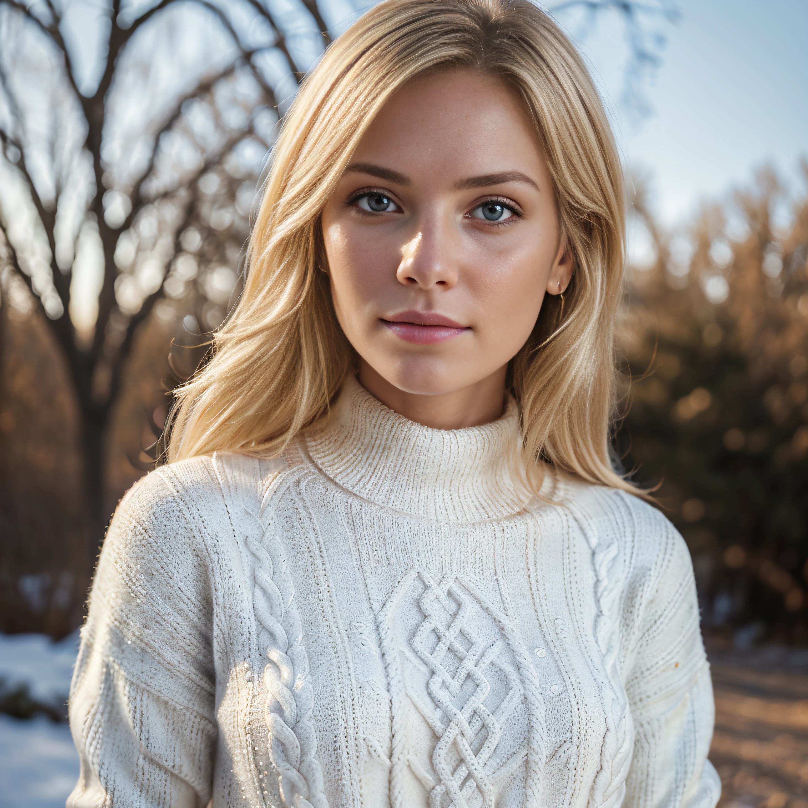 from_below (KimberlyNobodySD15:1.0) ((blonde)) modelshoot style centered portrait of beautiful woman (white wool yarn sweater:1.1) outdoors winter beautiful blue sky, (masterpiece:1.2) (photorealistic:1.1) (bokeh) (best quality) (detailed skin:1.2) (intricate) (8k) (HDR) (cinematic lighting) (sharp focus)
