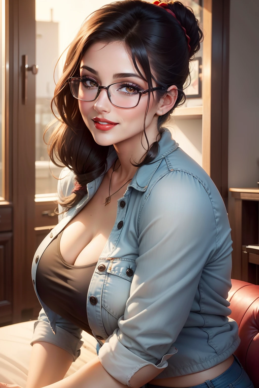 Lucy Pinder, portrait, face portrait, red lips, smiling, voluptuous, straight hair, glasses, black hair, hair tied in a chignon, short hair, jean blouse, jeans.