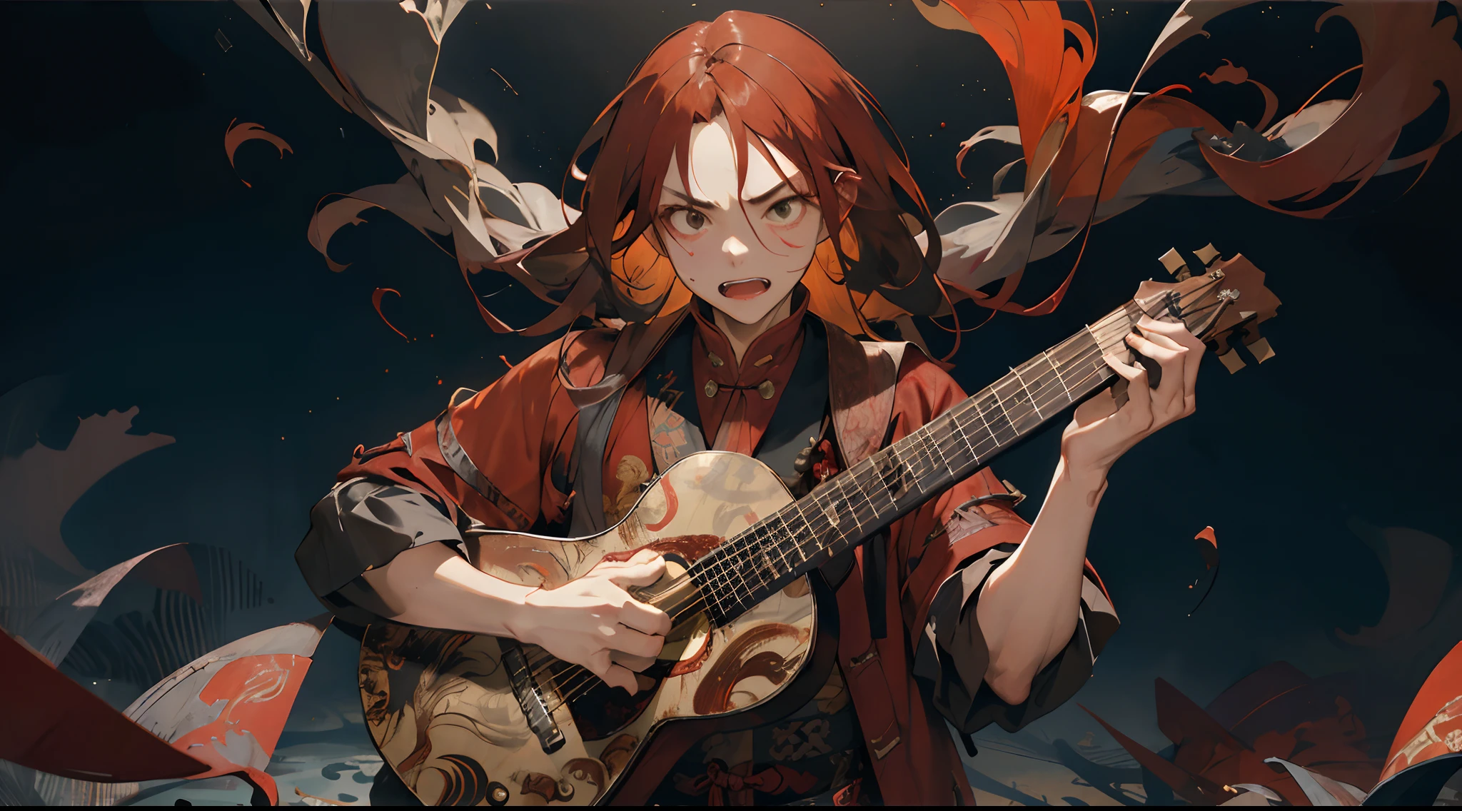 layered textures, Determined, Single Color, Slightly Frowning, Frightening, Calotype, Deeply Thoughtful slim Yuan Dynasty Adult Man, Long Red hair styled as Side-swept braids, Offset print, Abstract Art, Oversaturated, Playing ancient string guitar, Red Coat with gold embroidery, Full body portrait, Solemn, Facing viewer, Yelling at viewer, Epic, Singing, Fierce