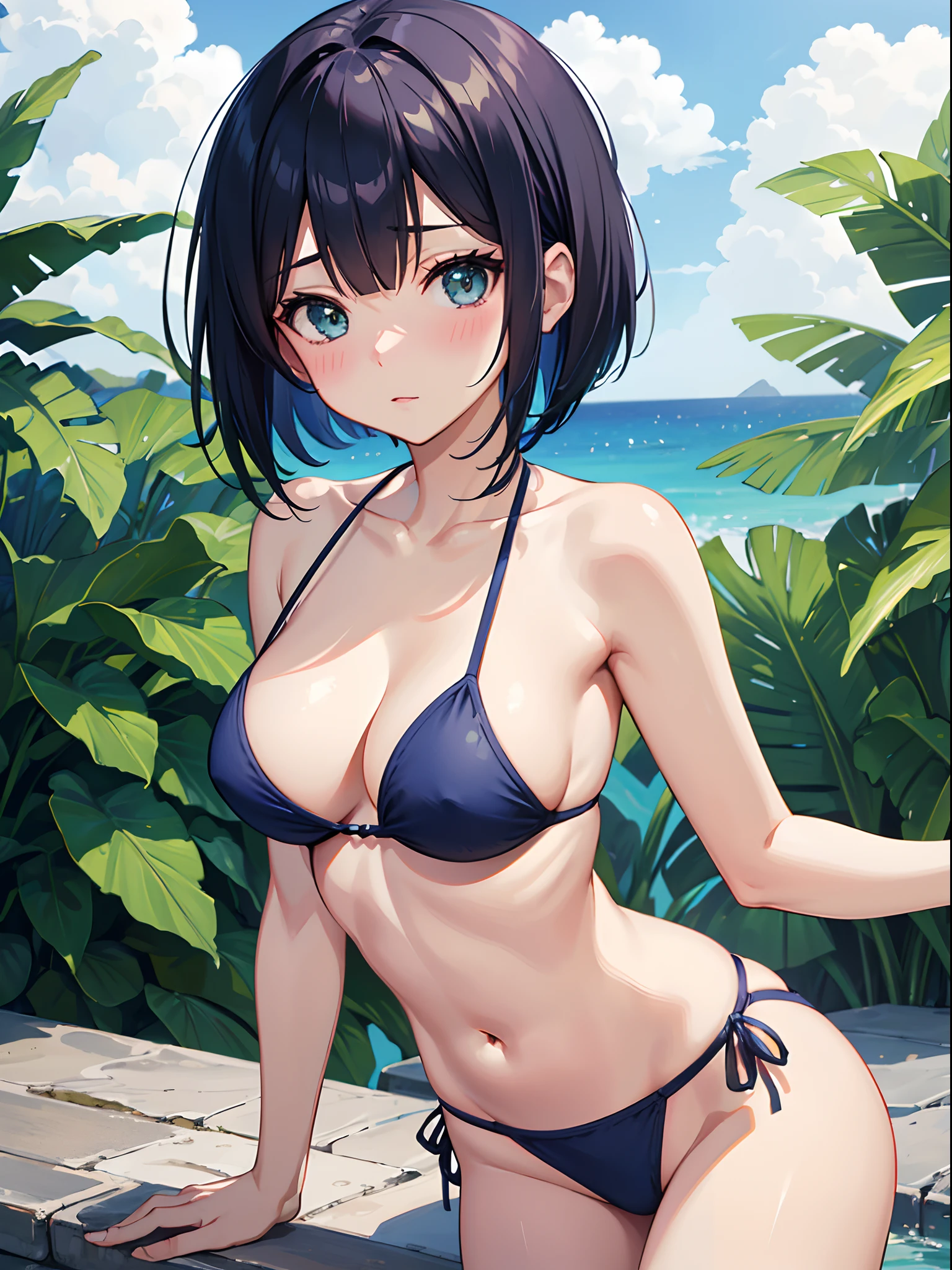 ((4K,masutepiece,Best Quality)), 1girl,navy blue bob hair,navy green eyes,cute,blush,girlfrend,medium ??????, swimsuit,