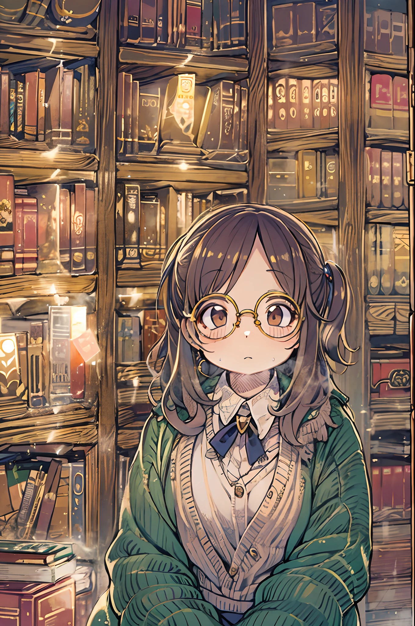 Huge library、1 librarian、One Woman、small round glasses、