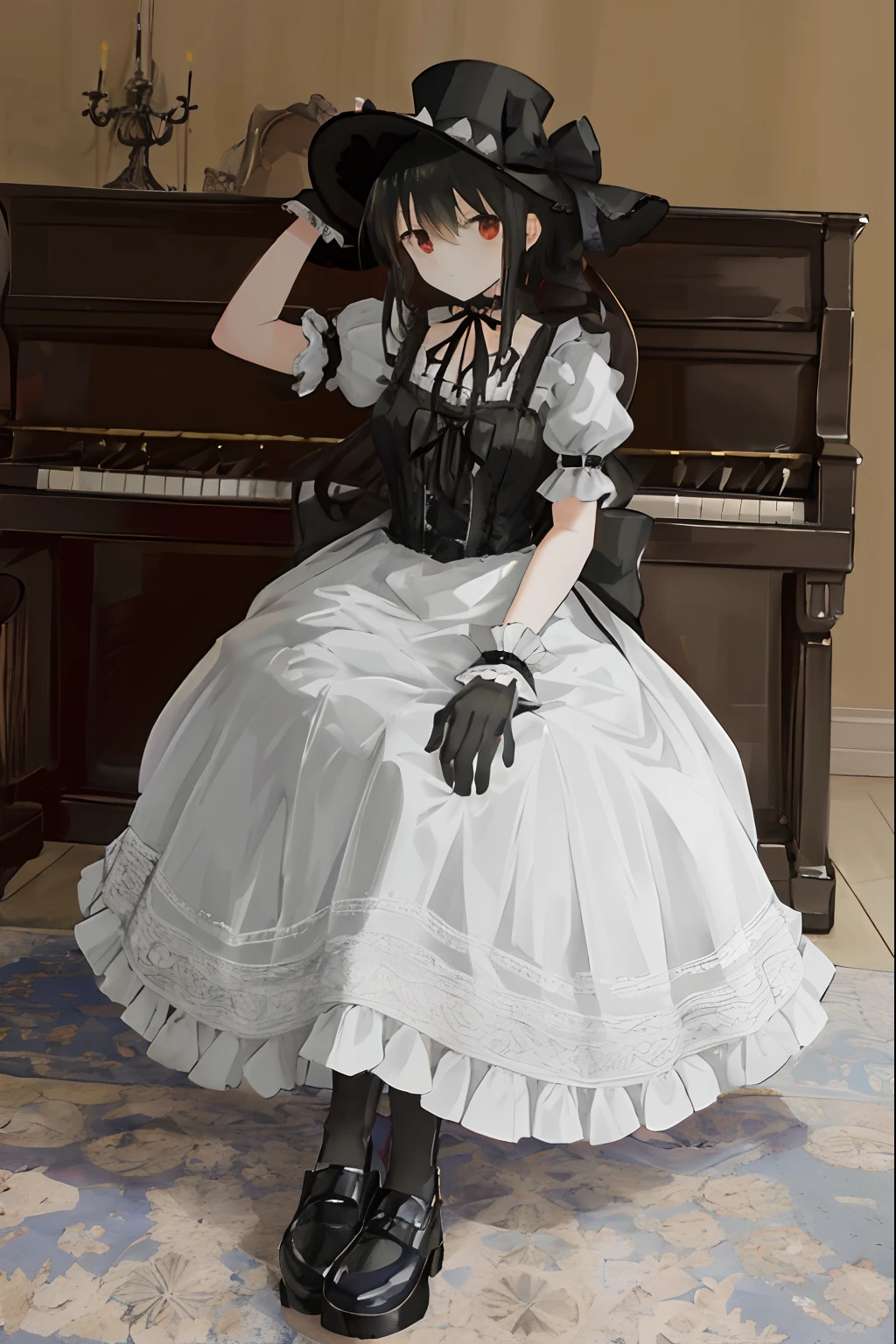 there is a woman in a dress and hat sitting on a piano, victorian gothic lolita fashion, (wearing black tophat:1.3), an elegant gothic princess, victorian dress, lolita style, black gothic lolita dress, rococo ruffles dress, romantic dress, victorian style costume, rococo dress, vintage gothic gown, black victorian dress, maid dress, intricate victorian dress, wearing a gothic dress, lolita fashion