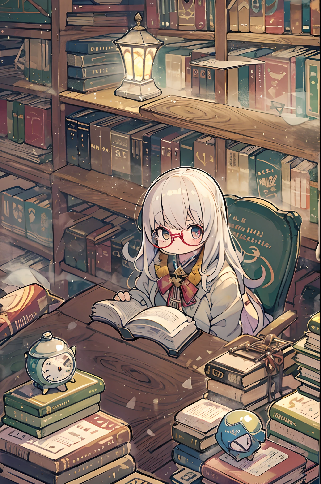 Huge library、1 librarian、One Woman、small round glasses、
