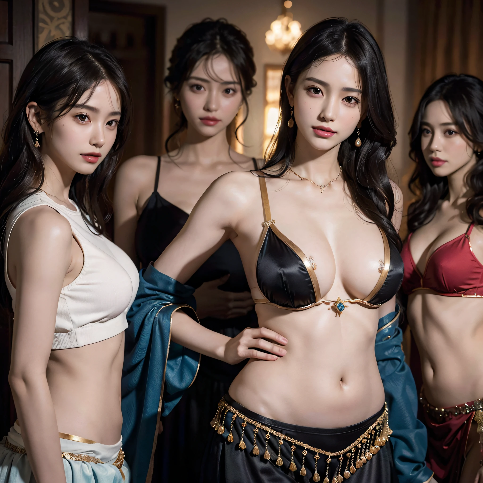 absurdres, RAW photo, extremely delicate and beautiful, masterpiece, Best Quality, ultra high resolution, 16k, hyperrealistic, ultra-detailed, Very detailed CG 8k wallpaper, Beautiful Lighting, Perfect Lightning, Realistic Shadows, perfect anatomy, super Detailed skin, perfect figure, Japanese woman, late 20s, very Slim body, narrow waist, very small head, handsome detailed woman, very detailed eyes and face, realistic face proportions, Stunning detailed eyes, Realistic beautiful face, very small face, Realistic small beautiful eyes, double eyelids, makeup, tearful mole, mole on chest, earring, bare legs, beautiful and very thin legs, beautiful and very thin thighs, (((very huge round breasts))), ((full body shot)), ((short hair)), wavy hair, (((belly dance clothes))), midriff peek, ((sleeveless)), (((yuri))), ((((3 girls)))), (harem), colorful