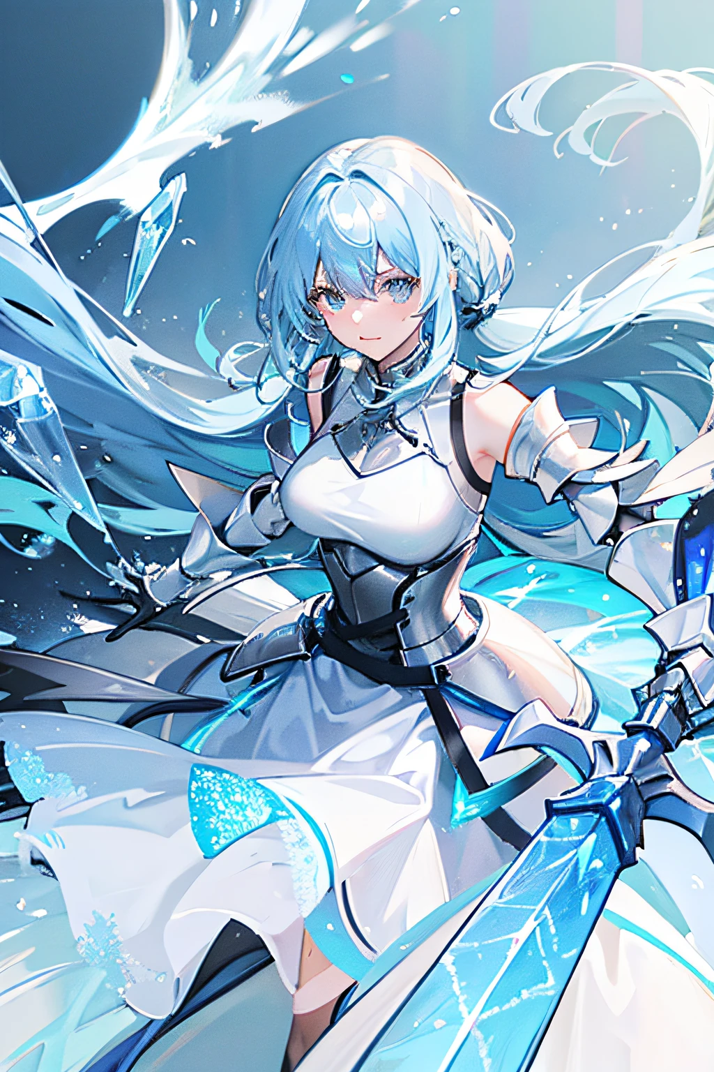 Light blue hair,Ice Crystal Heavy Armor,Longsword,Woman knight