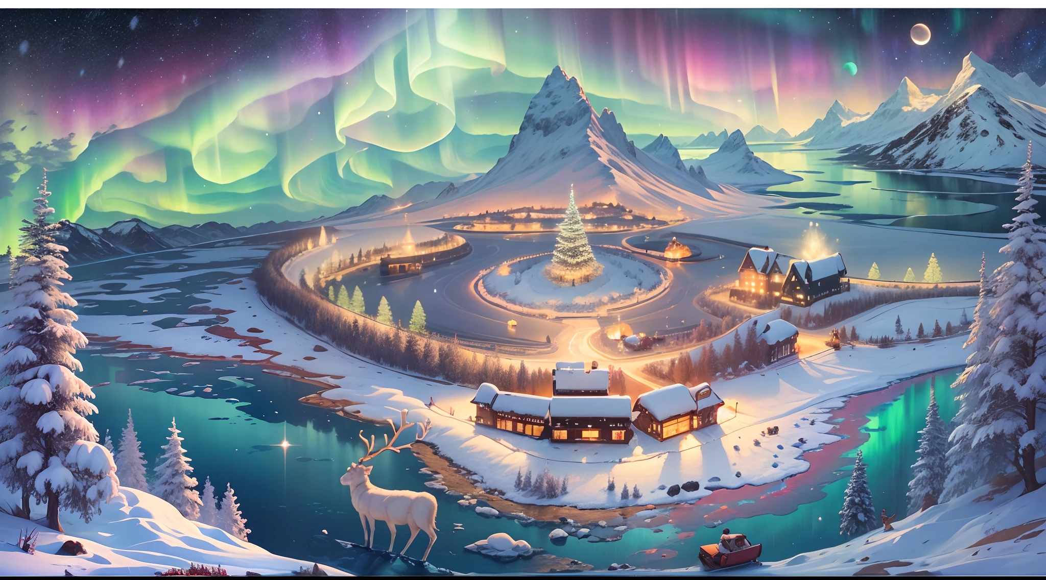 The best quality, a high-resolution (masterpiece: 1.2), night view, aurora borealis, towering snow capped mountains, reindeer, sleds, new moons, shining stars, frozen lake, vast and breathtaking scenery.