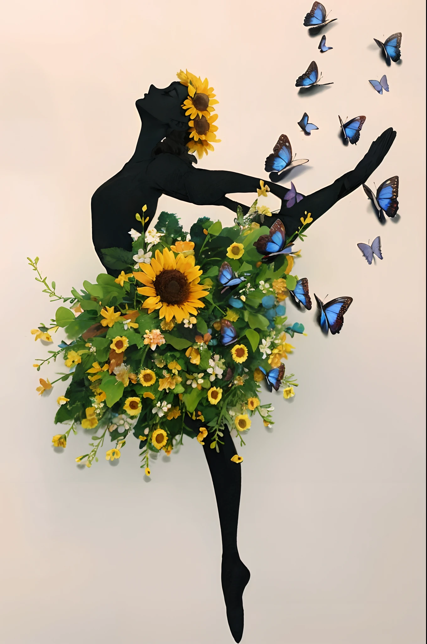 There is a woman with a bouquet of flowers and butterflies, flores e borboletas, feito de flores, com flores, feito de flores silvestres, feito de flores secas, A  feita de flores, decorado com flores, com flores coloridas, feito de flores e folhas, elegante e gracioso, peaceful and graceful, mulher nas flores, silhueta detalhada, Asas feitas de flores