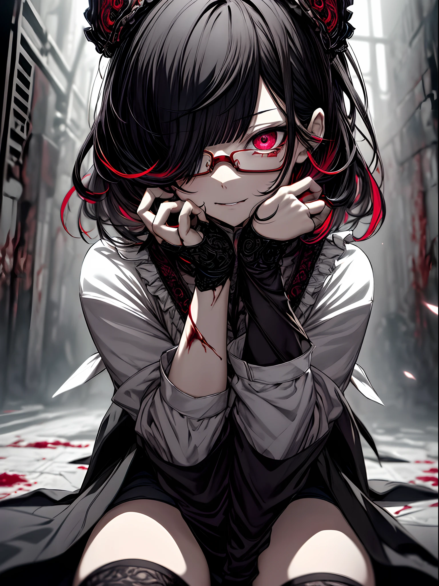 dead body、Blood everywhere、blood splashing、dark hue、Red hue、Ahegao ( Silly / Sexual ecstasy)、Cross-eyed、Stranger、View other people、Blunt bangs、Sitting,hand between legs,maid, Glasses, over-kneehighs,Ahegao , Silly,Sexual ecstasy,Drunken eyes,Blunt bangs, Black hair,(masutepiece:1.2, Best Quality), (finely detailed beautiful eye: 1.2), (Detailed background,Dark Fantasy), (beautifull detailed face), High contrast, (Best Illumination, extremely delicate and beautiful), ((Cinematic Light)), Colorful, Hyper Detail, Dramatic light, Intricate details,