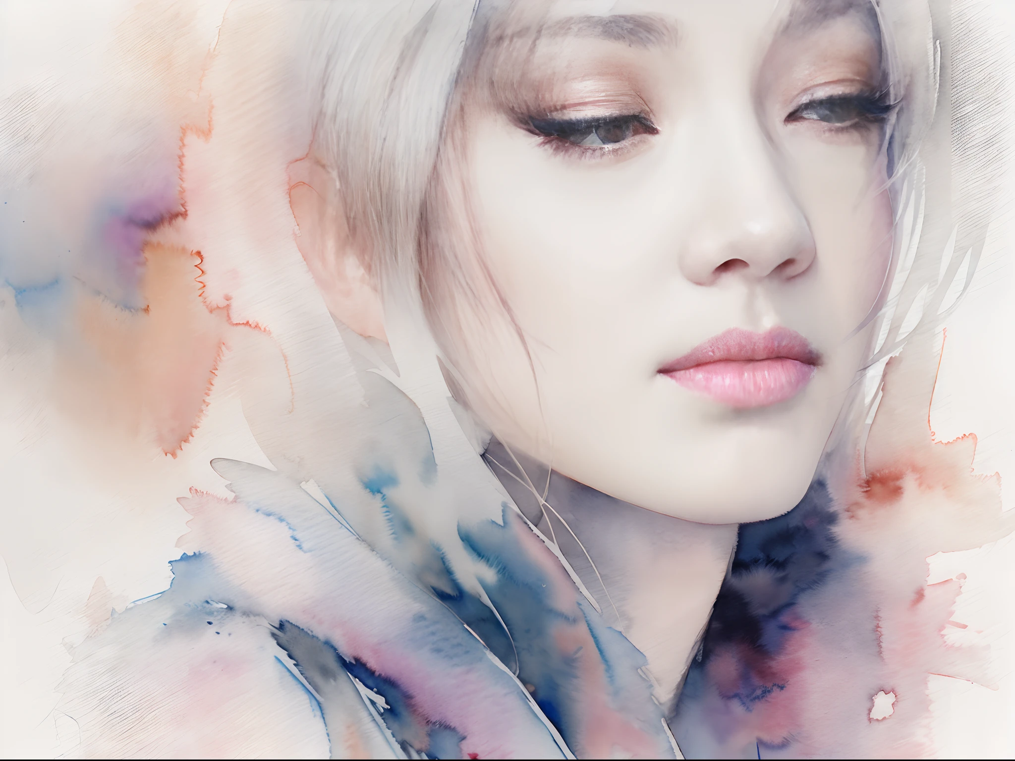 dreamy watercolor, ((Woman in her 30s with cold eyes Japan : 1.7))、((Cold eyes with single eyelids、Staring at the top right)), lazy look、white hair, dynamic compositions、solitude、Simple clothes、Backgrounds with depth are abstract、Foggy space, Bokeh, Foggy, Dutch Angle, afterimage, negative space, minimalism,(Anatomically correct number and shape of fingers), Cinematic scene, Depression, Beautiful watercolor portrait, Abstract background, Watercolor portrait, solitude、Krenz Kchart Style,