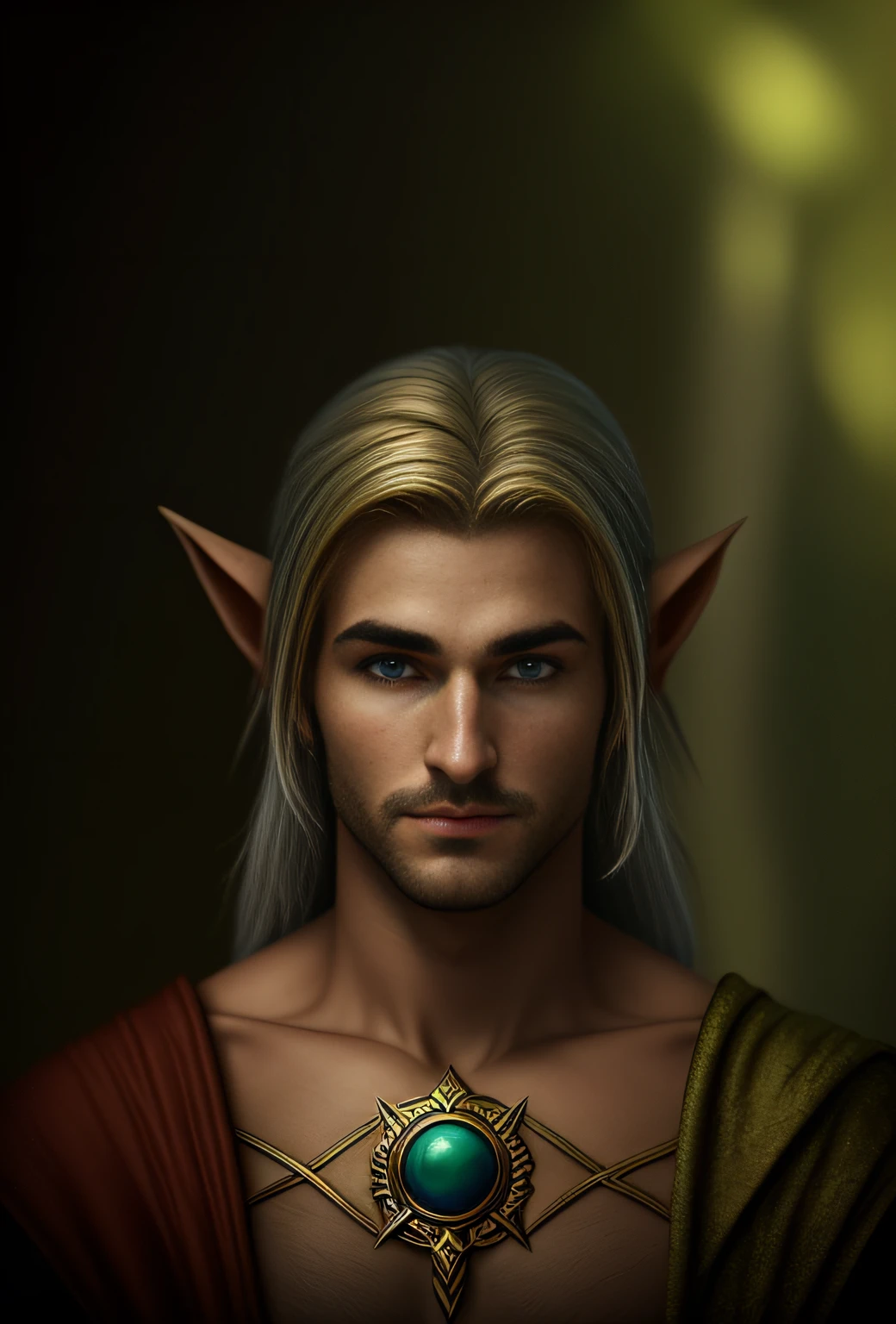 uma imagem de um elfo loiro de orelhas pontudas com uma roupa azul e um colar dourado, Um retrato de um elfo masculino, Rio Masculino, um elfo macho, elven character with smirk, elfo masculino bonito, Macho loiro elfo ranger, elvish blonde male warrior, meio-elfo macho, portrait of an elven warrior, side portrait of elven royalty