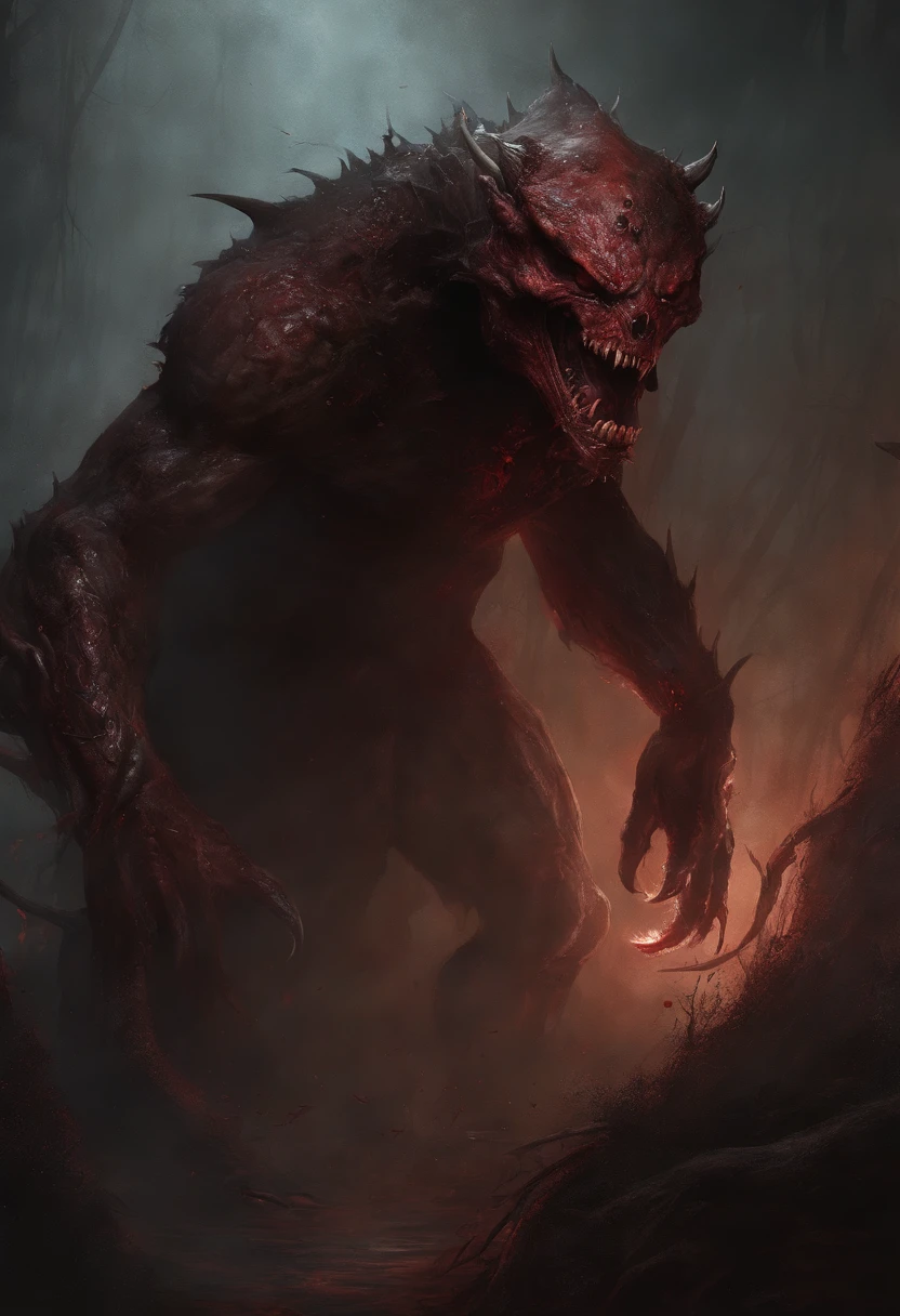 A painting of a demonic creature with a bloodied face and a bloodied head, carnage, Sci - Horror Art of Fiction, Science fiction horror artwork, inspired by Aleksi Briclot, Crocs de carnage, Horror fantasy art, par Aleksi Briclot, Horror concept art, venin, Art fantastique et horreur, Detailed illustration of 4K horror, Demonic creature, Dark Fantasy Horror Art