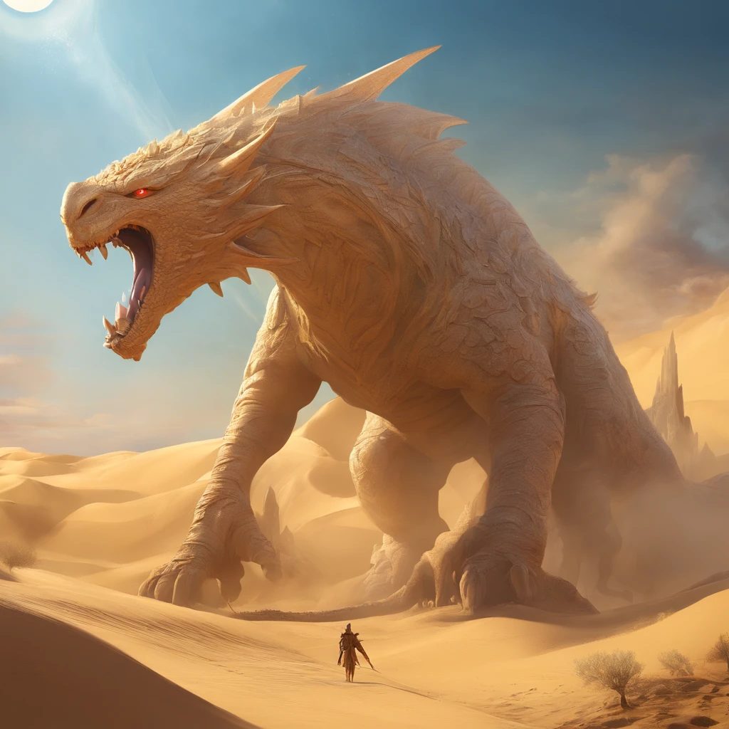 fantasy art, masterpiece, super detail, high quality, award winning, 8k, sand sculpture monster, That's horrible, Huge, in the desert, strong sunlight