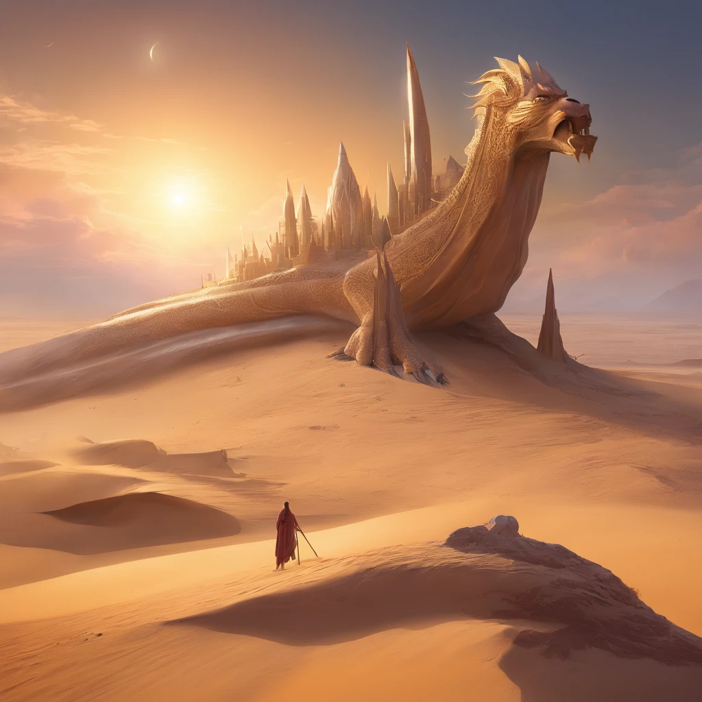 fantasy art, masterpiece, super detail, high quality, award winning, 8k, sand sculpture monster, That's horrible, Huge, in the desert, strong sunlight