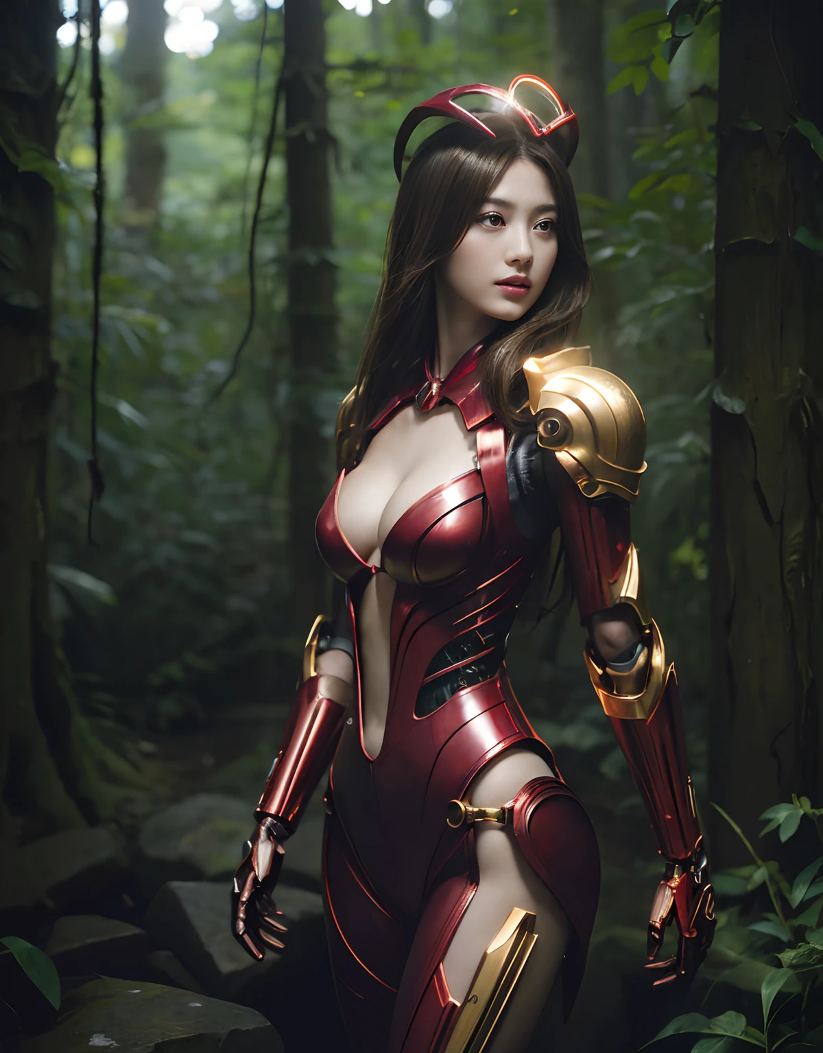 (1 Mechanical Girl)、top-quality、masterpiece、超A high resolution、(Photorealsitic:1.4)、Raw photo、女の子1人、Golden hair、glowy skin、(((1 Mechanical Girl)))、With a beautiful knife、(Red Metal Bodysuit)、(beautiful forest background)、Precipitous cliffs、(Small LED)、((super realistic details))、portlate、globalillumination、Shadow、octan render、(One-Eyed Scouter)、8K、ultrasharp、Colossal tits、Raw skin is exposed in cleavage、metals、Details of complex ornaments、Japan details、highly intricate detail、Realistic light、CGSoation Trends、Red Eyes、radiant eyes、Facing the camera、neon details、(Mechanical limbs)、(blood vessels connected to tubes)、Mechanical vertebrae attached to the back、mechanical cervical attaching to neck、(Wires and cables connecting to the head)、Gundam、Small LED、,Mechanical thighs、Toostock、(Hands are also made of machines)、(Wear a mechanical helmet)、
