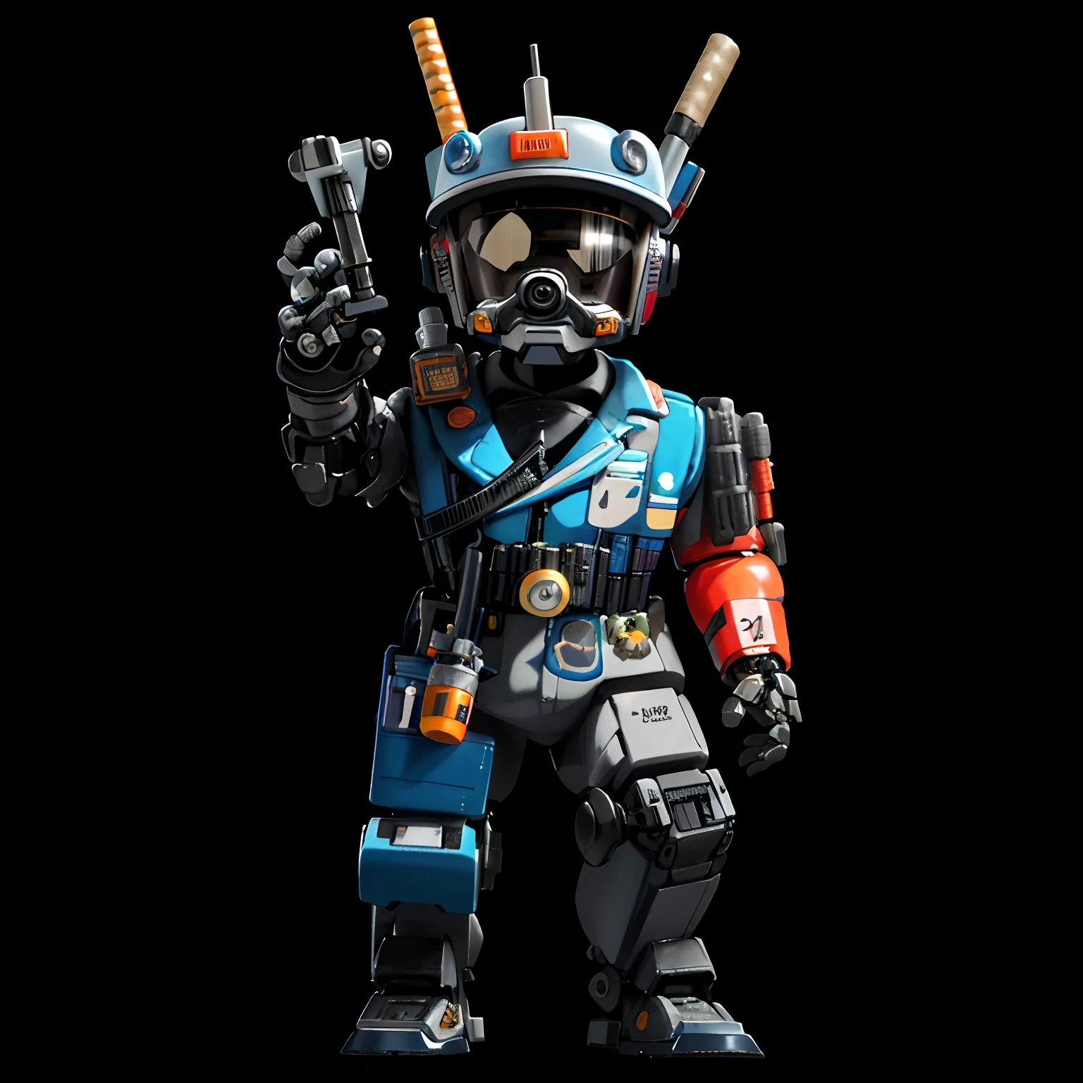 There is a robot with a baseball bat in his hand, scout police robot, Mechanized police infantry, dudes, chappie the robot, 🕹️ 😎 🔫 🤖 🚬, 2023 4K, sofubi, mini figure, collectible action figure, chappie in an adidas track suit, action figure mecha, in style of apex legends