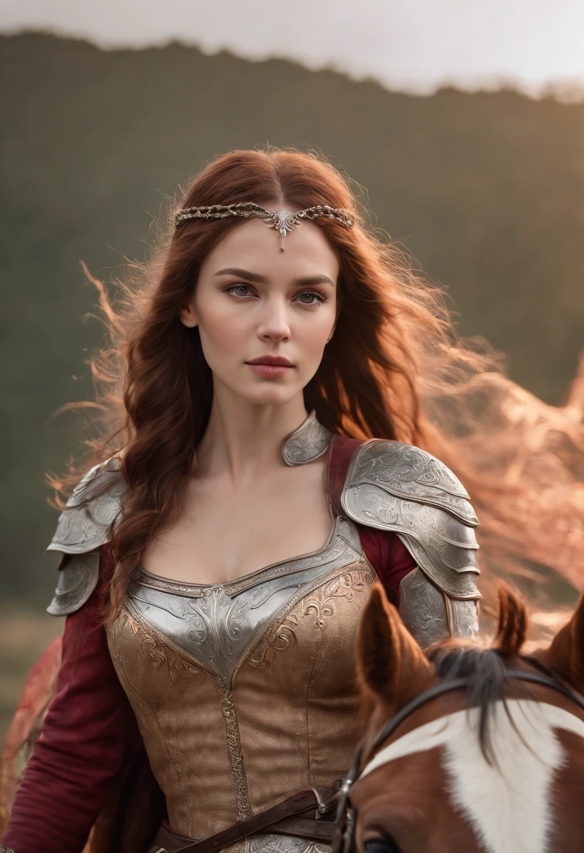An epic photography of a Valkyrie warrior on a horse riding into the battlefield, intense action, cinematic rim light, intense action, dynamic juxtaposition, young warrior, very high quality face, exploitable image, long windy hair, stylized dynamic folds, very rustic and beautiful woman, full focus, tiltshift, ethereal, cinematic, movie still, cinematic lighting, photograph, detailed symmetric realistic face, extremely detailed natural texture, peach fuzz, long hair, masterpiece, absurdres, nikon d850 film stock photograph, kodak portra 400 camera f1.6 lens, extremely detailed, amazing, fine detail, hyper realistic lifelike texture, dramatic lighting, unrealengine, trending on artstation, cinestill 800 tungsten, looking at the viewer, photo realistic, RAW photo, TanvirTamim, high quality, highres, sharp focus, extremely detailed, cinematic lighting, 8k uhd,-imagine-