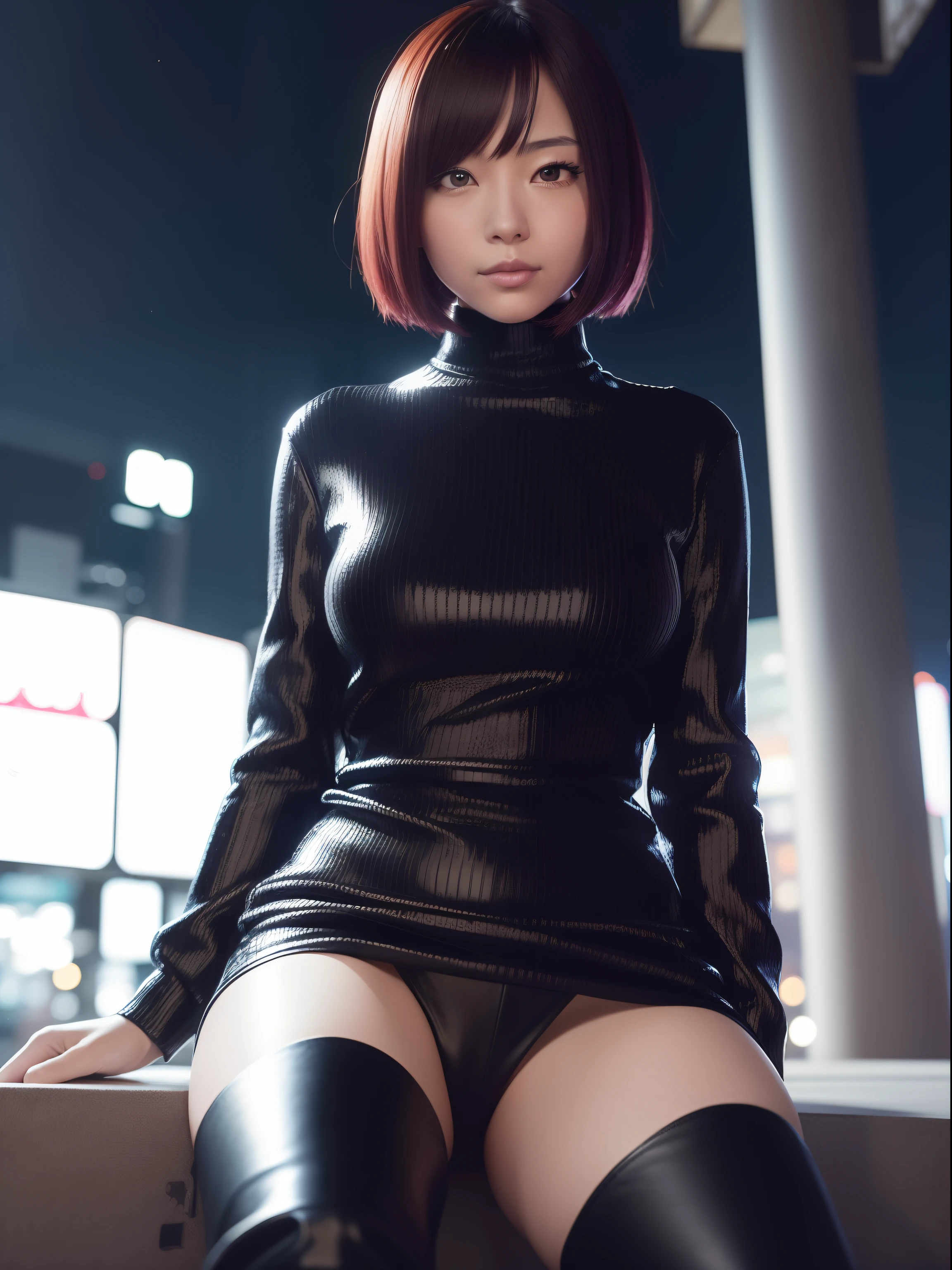 masutepiece,A hyper-realistic,32K,the Extremely Detailed CG Unity 8K Wallpapers, Best Quality,1 Beautiful Japan Woman,(Red Turtleneck Knit Dress),((Leather Over Knee Boots)),Full body, Street, hong kong street, (Film grain:1.2), (Film Overlay:1.3), Night,Smile,Bob Cut Hair