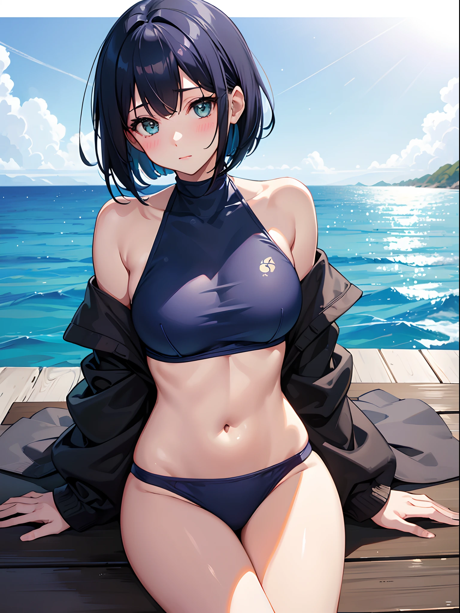 ((4K,masutepiece,Best Quality)), 1girl in,Navy blue bob hair,Navy green eyes,Cute,blush,girlfriend,medium breasts⁩, Swimsuit,