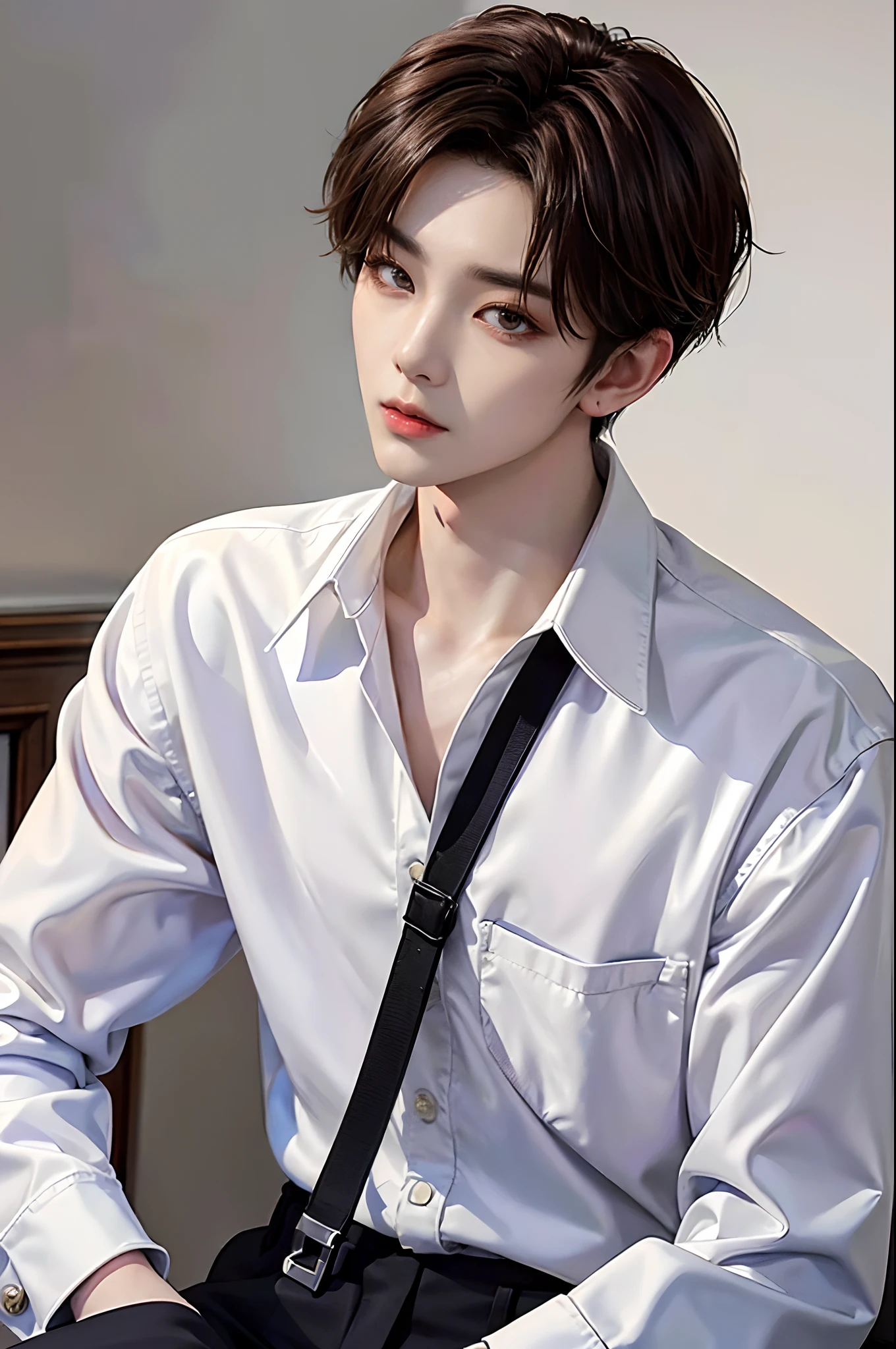 ​masterpiece、（top-quality)、((high-level image quality))、One Manly Boy、((White Y-shirt and long black pants))、(Detailed beautiful eyes)、Stylish homeroom、Take a selfie while sitting with your back to the wall、Face similar to Chaewon in Ruseraphim、((short hair above the ears))、((Smaller face))、((Neutral face))、((Light brown eyes))、((Korean boy))、((18year old))、((Handsome man))、((Wild look))、((Korean Makeup))、((elongated and sharp eyes))、((selfy))、((Selfie near face))、((Close-range shooting))