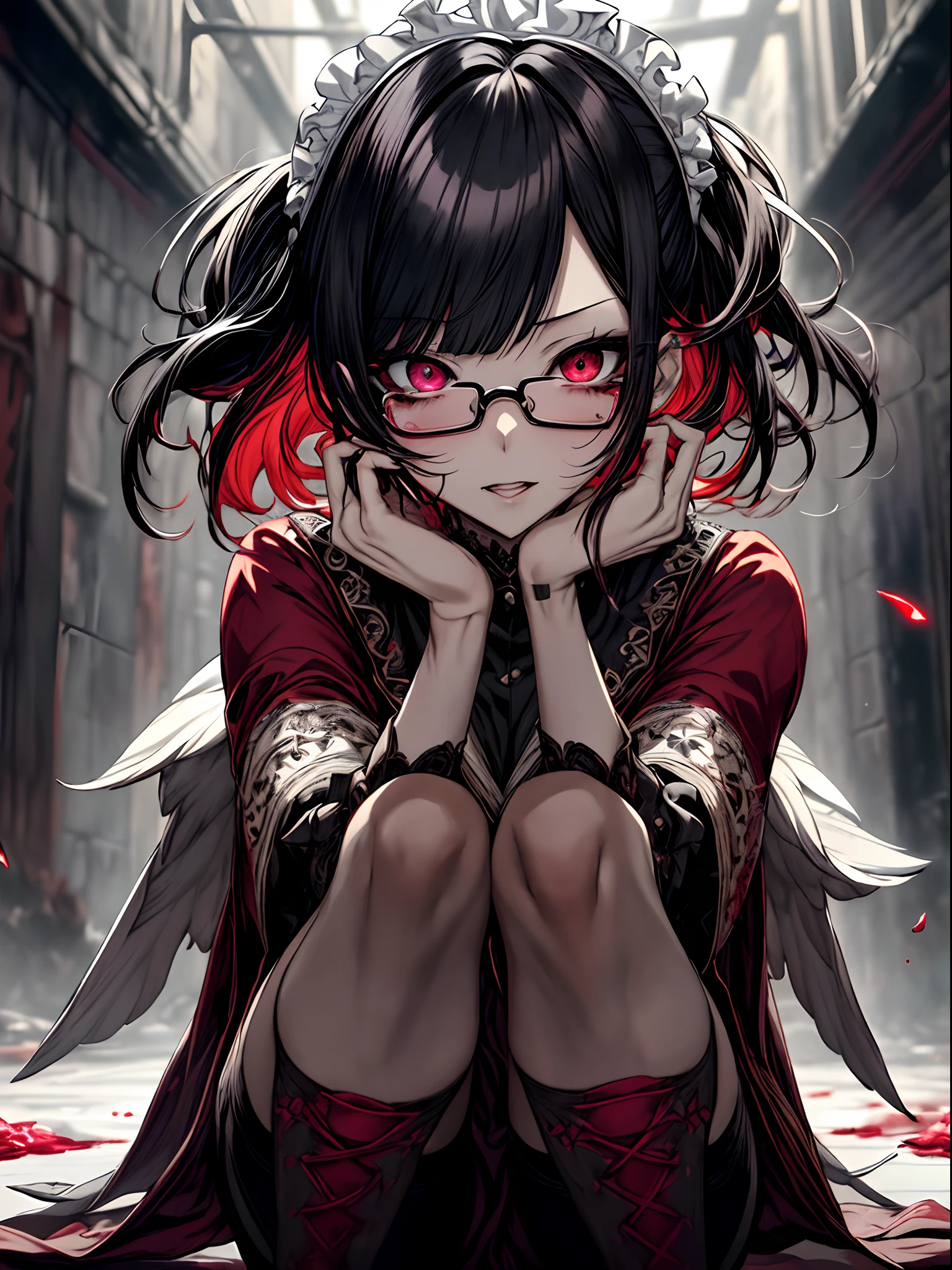 dead body、Blood everywhere、blood splashing、dark hue、Red hue、Ahegao ( Silly / Sexual ecstasy)、Cross-eyed、Stranger、View other people、Blunt bangs、Sitting,hand between legs,maid, Glasses, over-kneehighs,Ahegao , Silly,Sexual ecstasy,Drunken eyes,Blunt bangs, Black hair,(masutepiece:1.2, Best Quality), (finely detailed beautiful eye: 1.2), (Detailed background,Dark Fantasy), (beautifull detailed face), High contrast, (Best Illumination, extremely delicate and beautiful), ((Cinematic Light)), Colorful, Hyper Detail, Dramatic light, Intricate details,