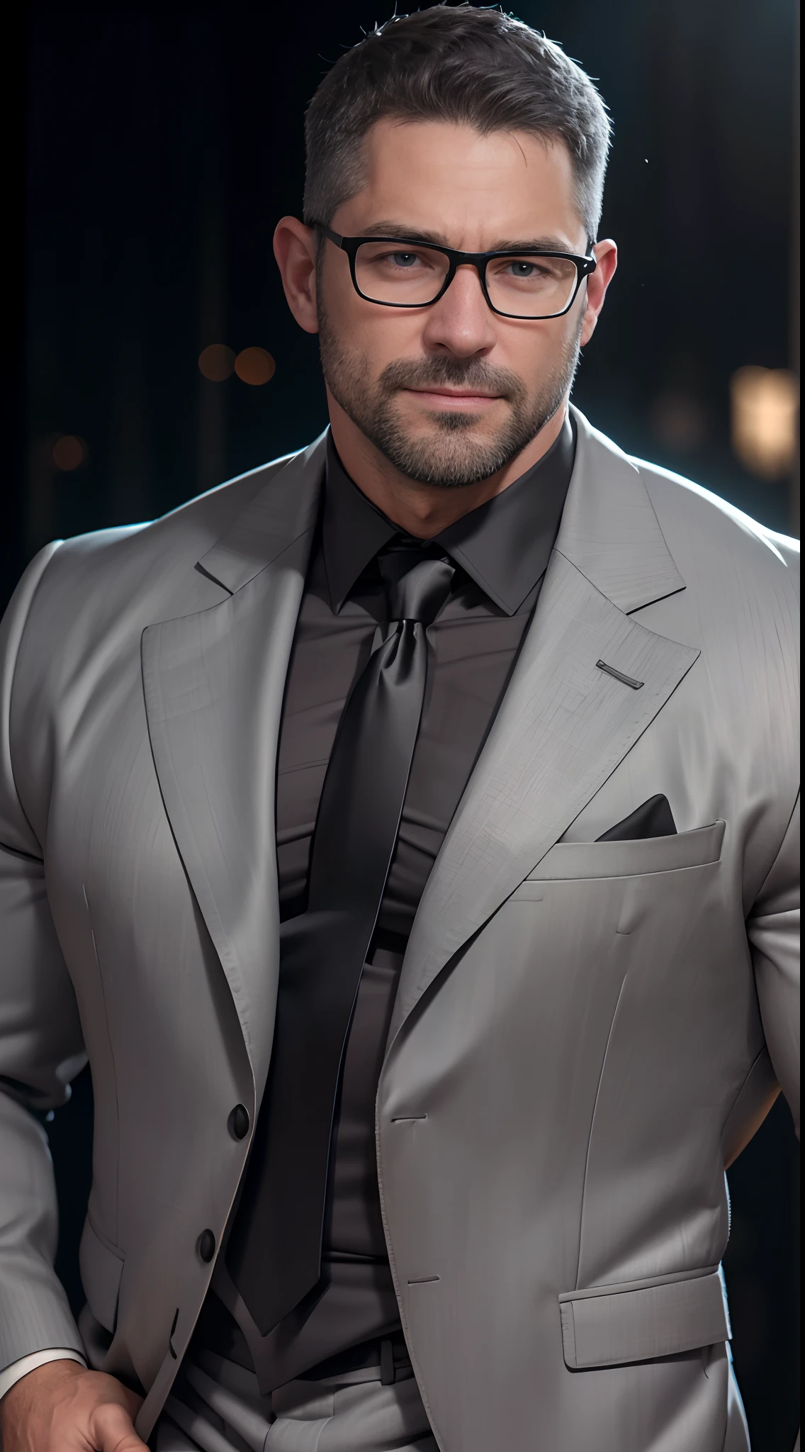 An award-winning original photo，A wild muscular man, (40 years old daddy:1.1), 1boy, Solo, (grey suit), (black trouser), (black dress shirt), (grey necktie), (big shoulders), musculature, stubbles, Short beard, Beautiful eyes:1.3, ), (Detailed face:1.3), wearing glasses, smiles, Dynamic Angle, volumetric lighting, (Best quality, A high resolution, Photorealistic), Cinematic lighting, Masterpiece, RAW photo, Intricate details, hdr, depth of field, upper body shot