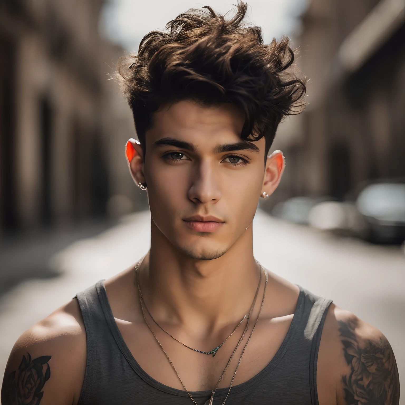 arafed man with a tattoo on his arm and a necklace on his neck, jovem bonito, Jovem com rosto bonito, Retrato de um jovem italiano masculino, rosto masculino bonito, rosto bonito perfeito, retrato do jovem bonito, curls on top of his head, jovem bonito, bonito rosto atraente, homem atraente, macho atraente, Julian Serrano 8k