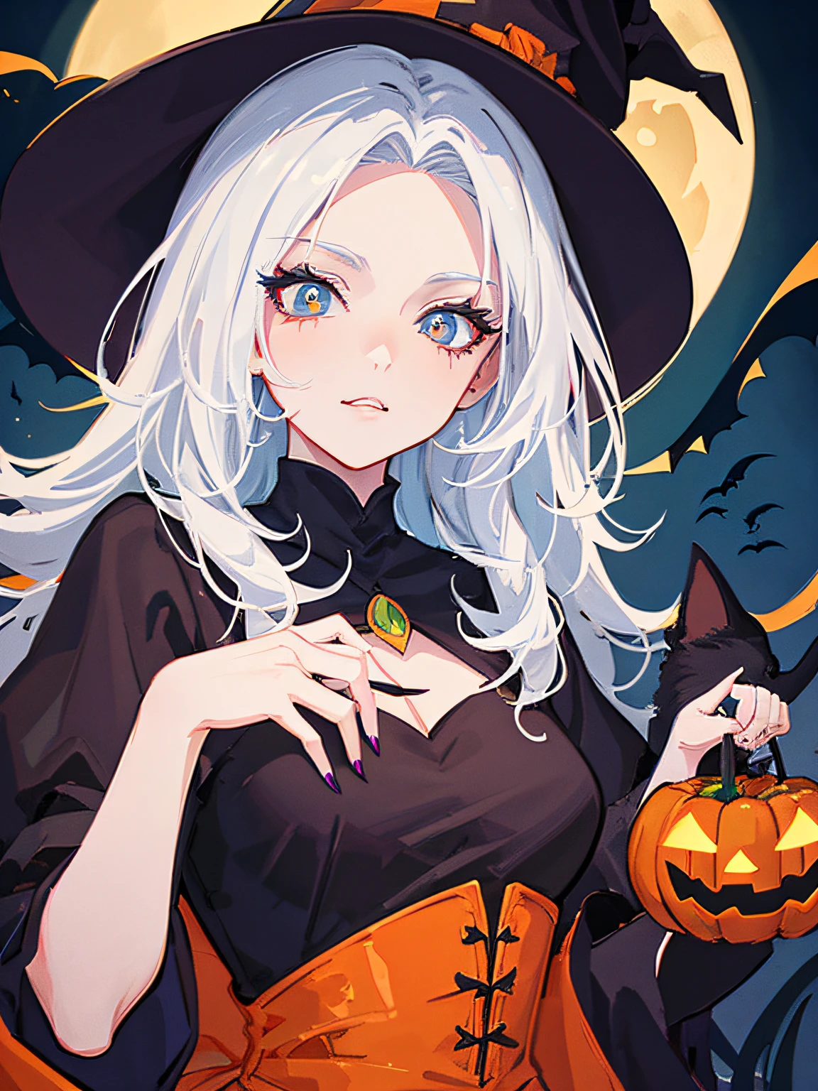 High quality design vector style image, t-shirt print style, graphic art white background of a Halloween style witch, bright and realistic colors, old style witch with a pointy hat, nose with a wart and a black cat at her side, fantasy style scenery halloween