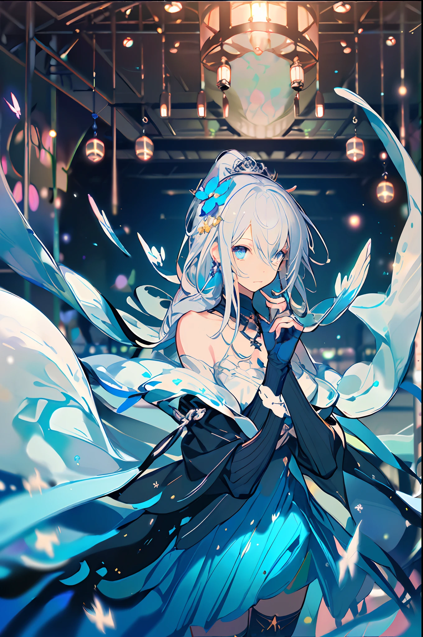 (Overhead view),dynamic angle,ultra-detailed, illustration, close-up, straight on, 1girl, (fantasy:1.4), (azure blue eyes:1.233),Her eyes shone like dreamy stars,(glowing eyes:1.233),(beautiful and detailed eyes:1.1),(Silver hair:1.14),(messy hair,very long hair,french braid,hair between eyes,sidelocks), (+(bule hair flower:1.14)),(chiffon dress,bule flower pattern in uniform)/=(military uniform:1.24),(detached sleeves,wide sleeves),(fingerless gloves),choker,(miko thighhighs),High heeled boots,(expressionless,closed mouth),(standing), (classical Princess boudoir with dressing tableand french windowin a white ancient palaces),(white flowers,bloom),(abysmal sea),(flowing water),(a dull blue world tree:1.14),(ruins),(night:1.2),dreamy,soul,(fluorescence),(flying translucent blue butterflies:1.15), [[delicate fingers and hands:0.55]::0.85],(detail fingers),(yubao:0.5),upper body,