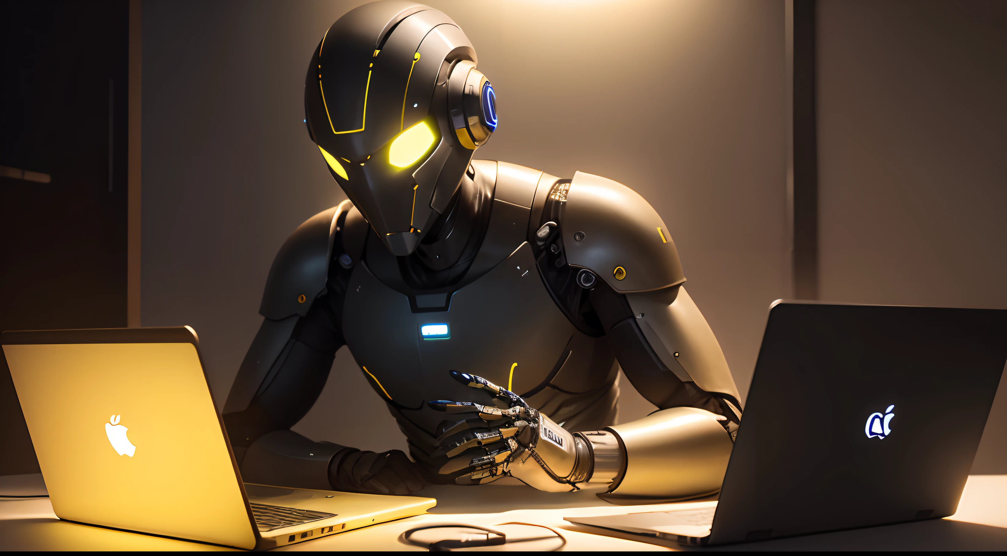 A male robot learn python on Mac laptop. With black and yellow light.