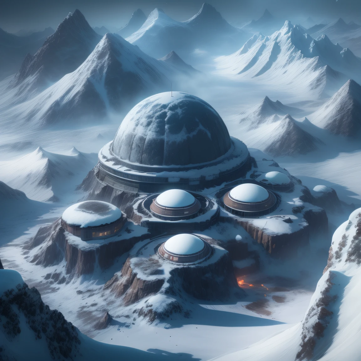 Alien Snow Mountain Base (Very detailed) In the midst of mountainous snow-capped mountains，There are several exhaust fans and chimneys, Some spotlights come out of the base to illuminate dark places, (Extreme snowy mountain nights), Some clouds in the night sky, Some of the surrounding planets provide air to unknown planets，The farthest giant snow-capped mountain volcano is erupting。snow mountains